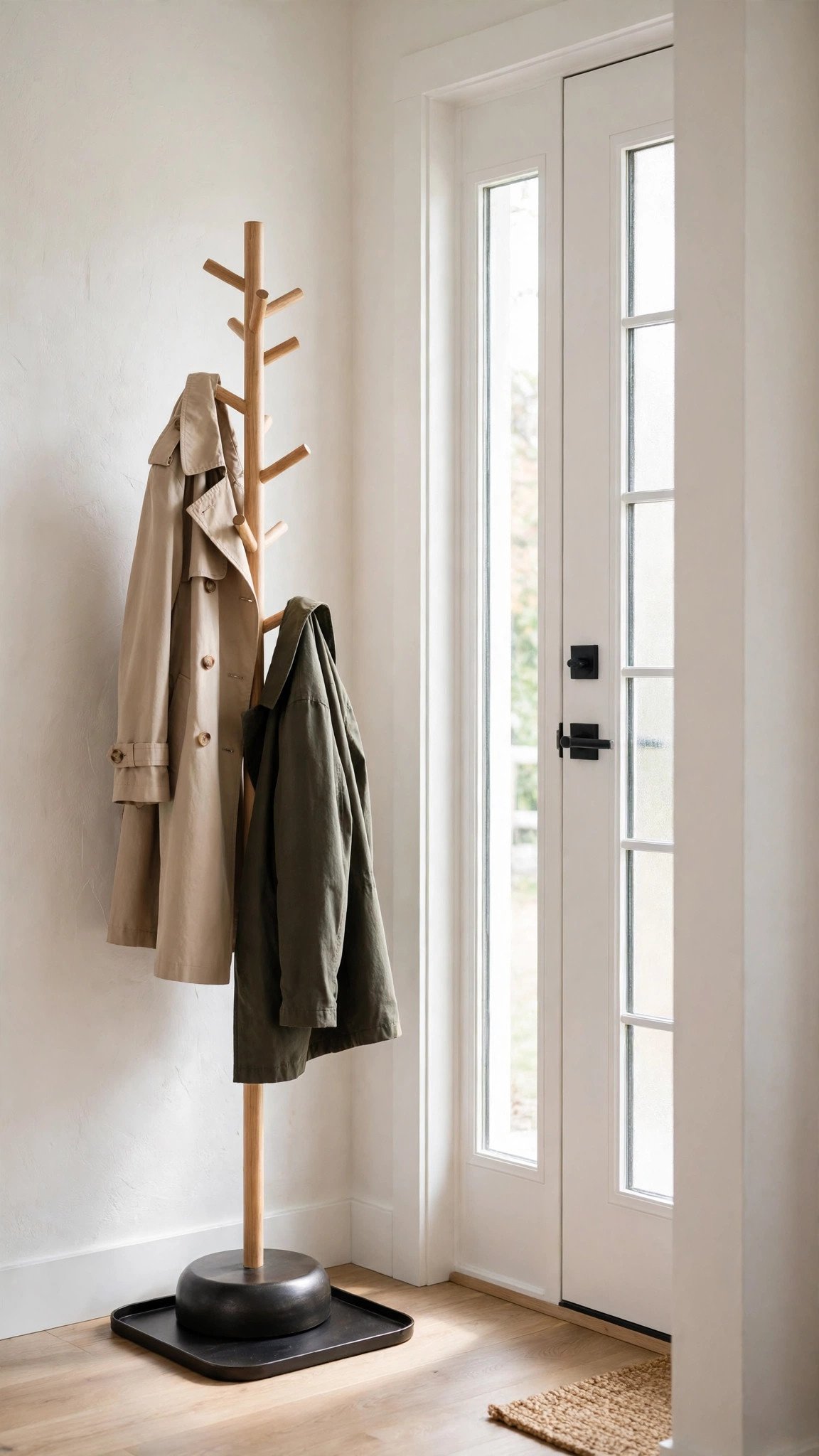 Slim coat tree with a valet tray standing in a narrow entryway corner