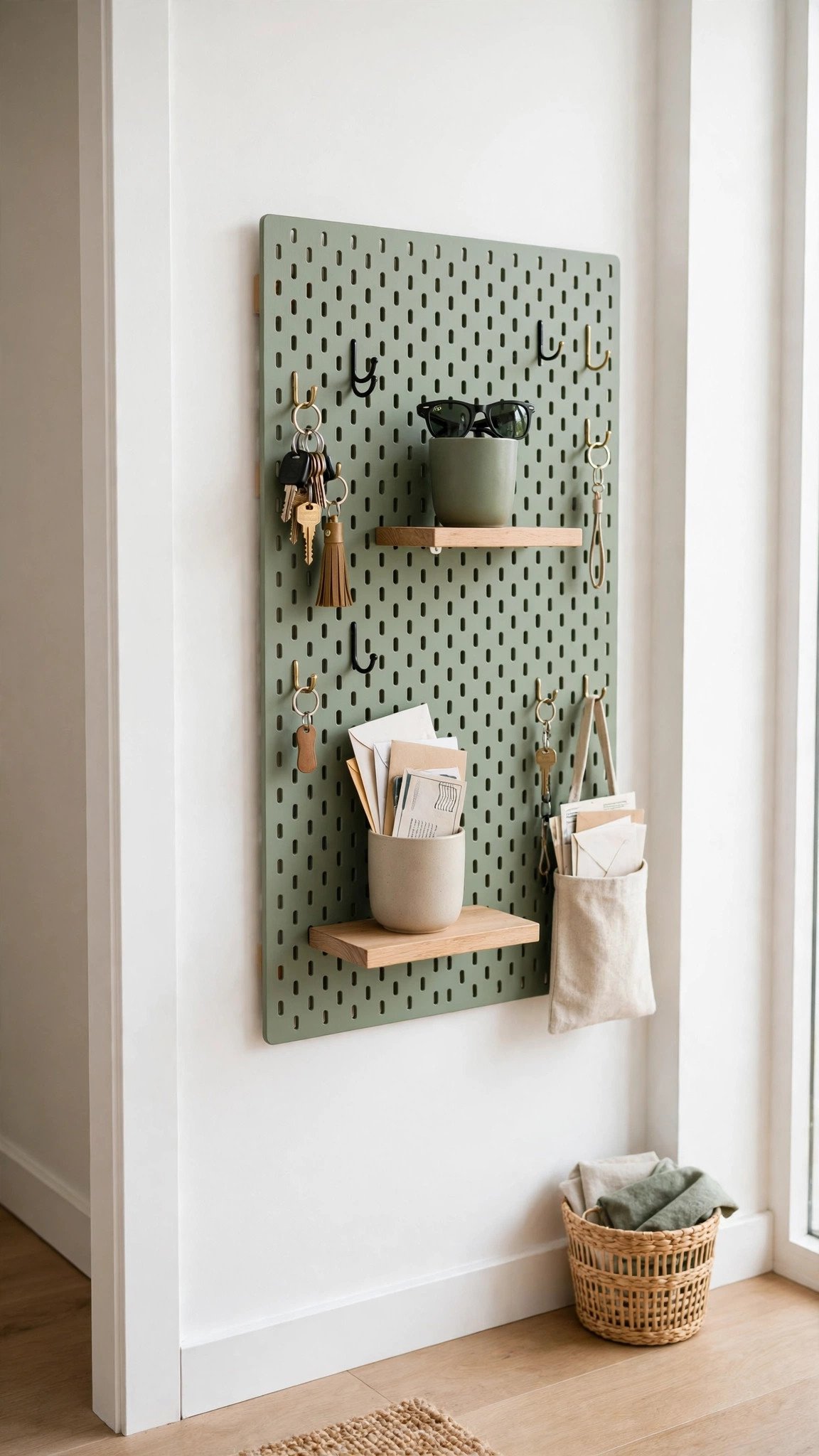 Wall-mounted pegboard with hooks and small shelves for flexible entryway storage