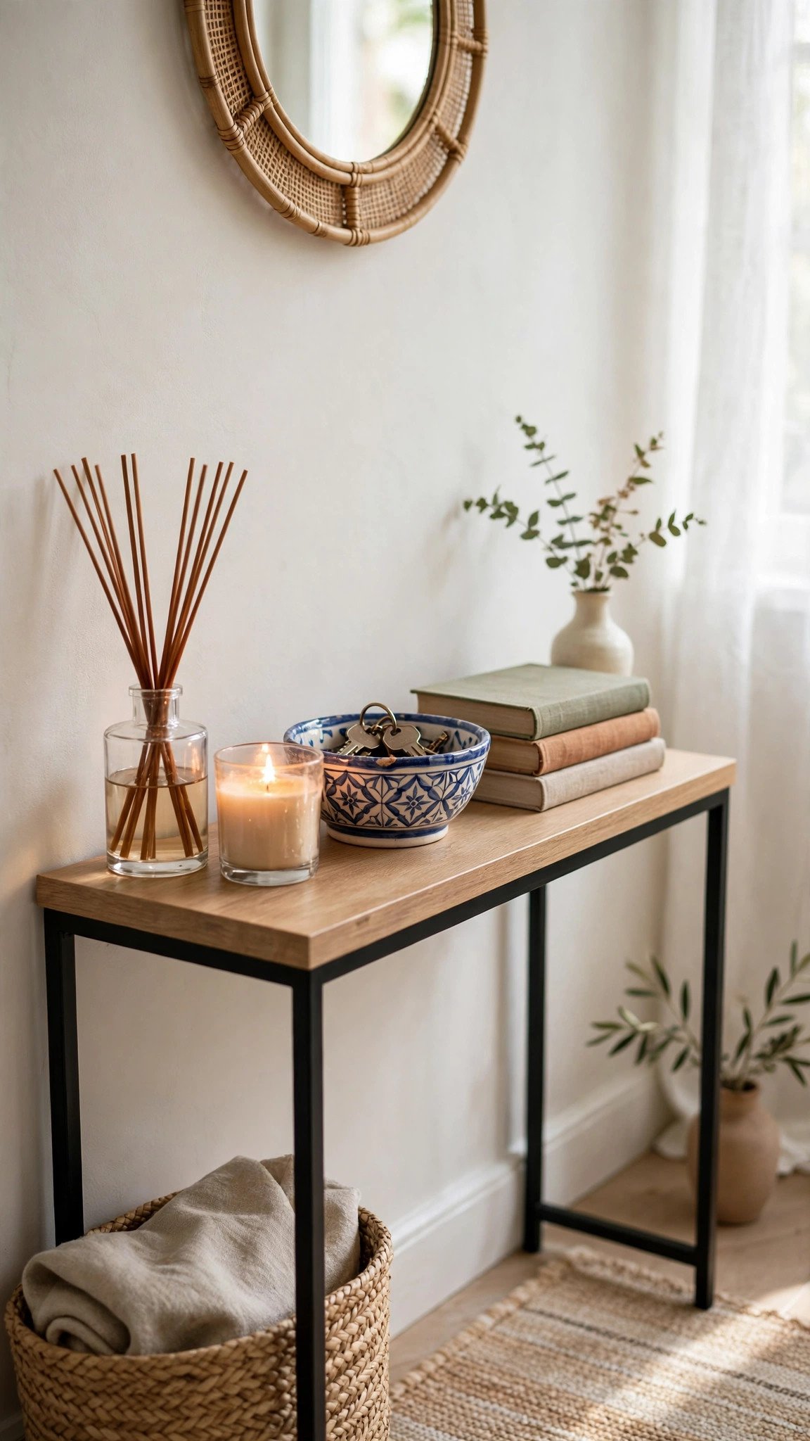 Small entryway finished with a scented candle and personal decor touches on the console table