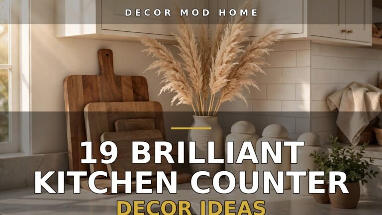 19 brilliant kitchen counter corner decor ideas featured image: styled kitchen corner with layered cutting boards, pampas grass vase, cream canisters and warm sunlight