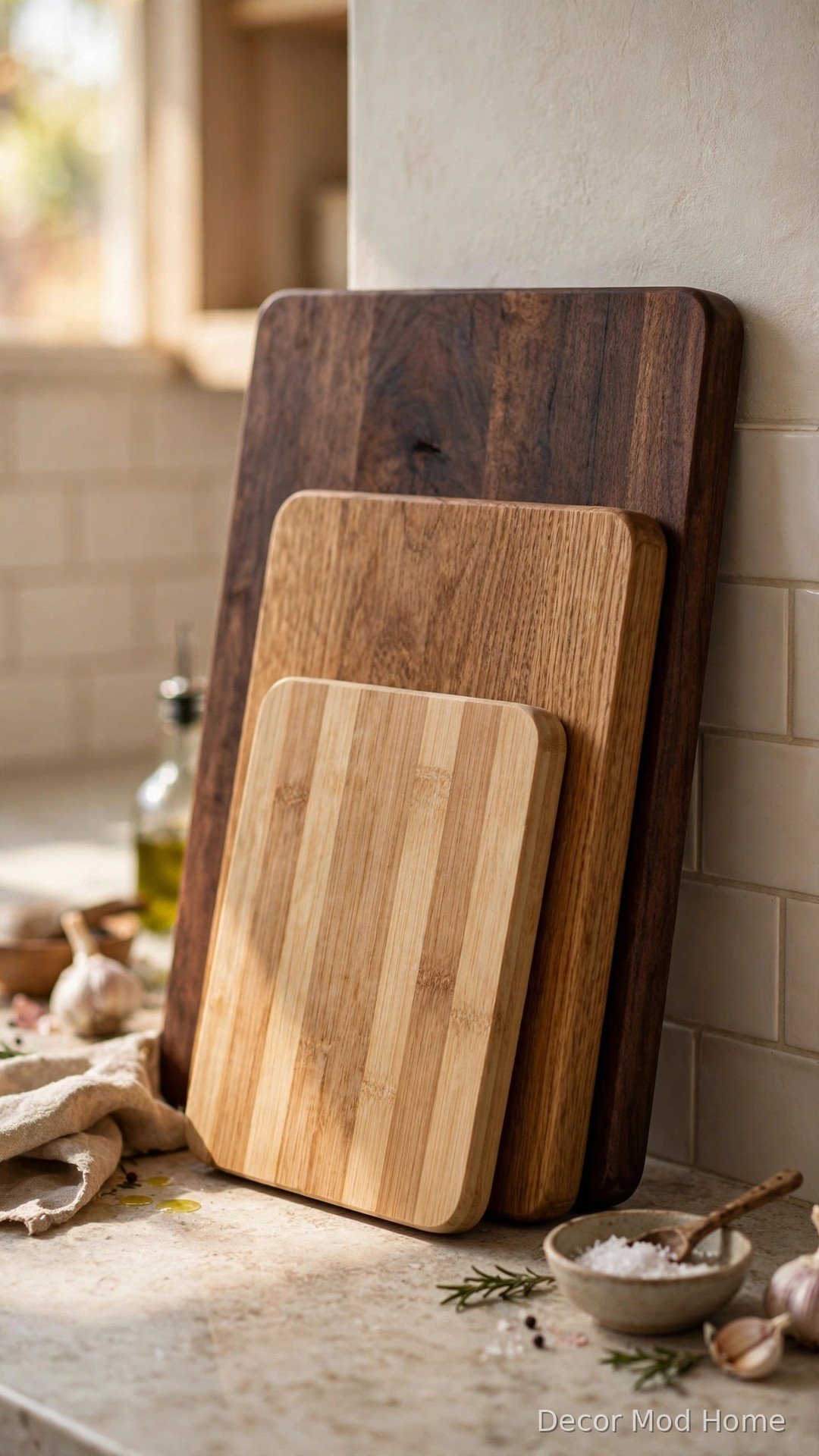 Layered wooden cutting boards in walnut, oak and bamboo leaning against a kitchen wall in a countertop corner