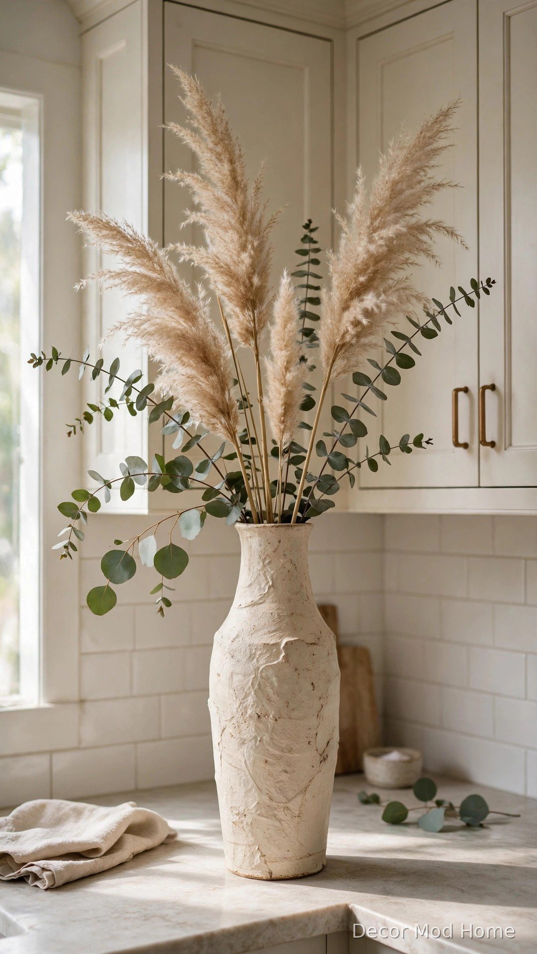 Tall cream ceramic vase with dried pampas grass and eucalyptus stems in a kitchen countertop corner