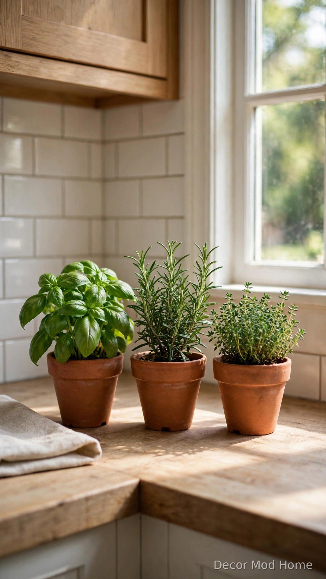 Three matching terracotta pots with fresh basil, rosemary and thyme in a sunny kitchen countertop corner