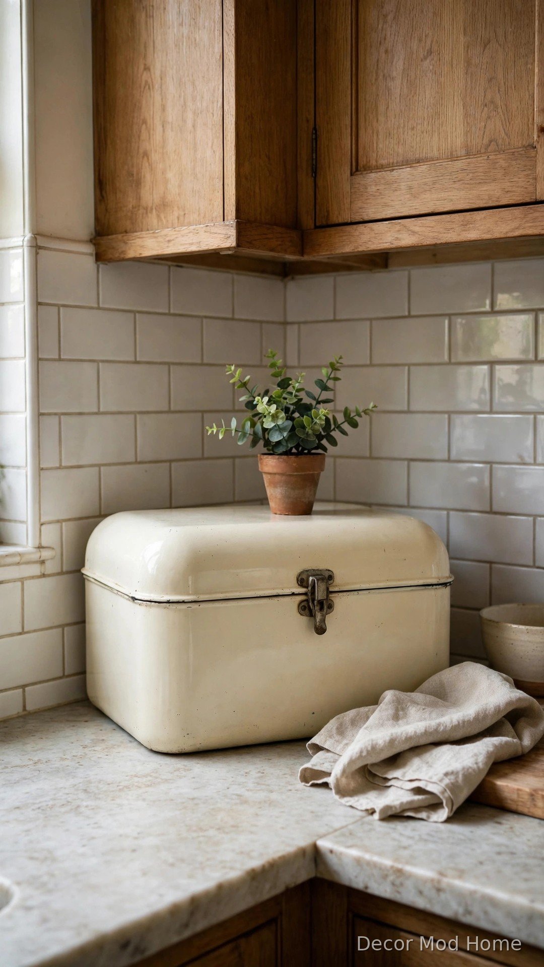 Vintage cream enamel bread box with a small potted plant on top in a kitchen countertop corner