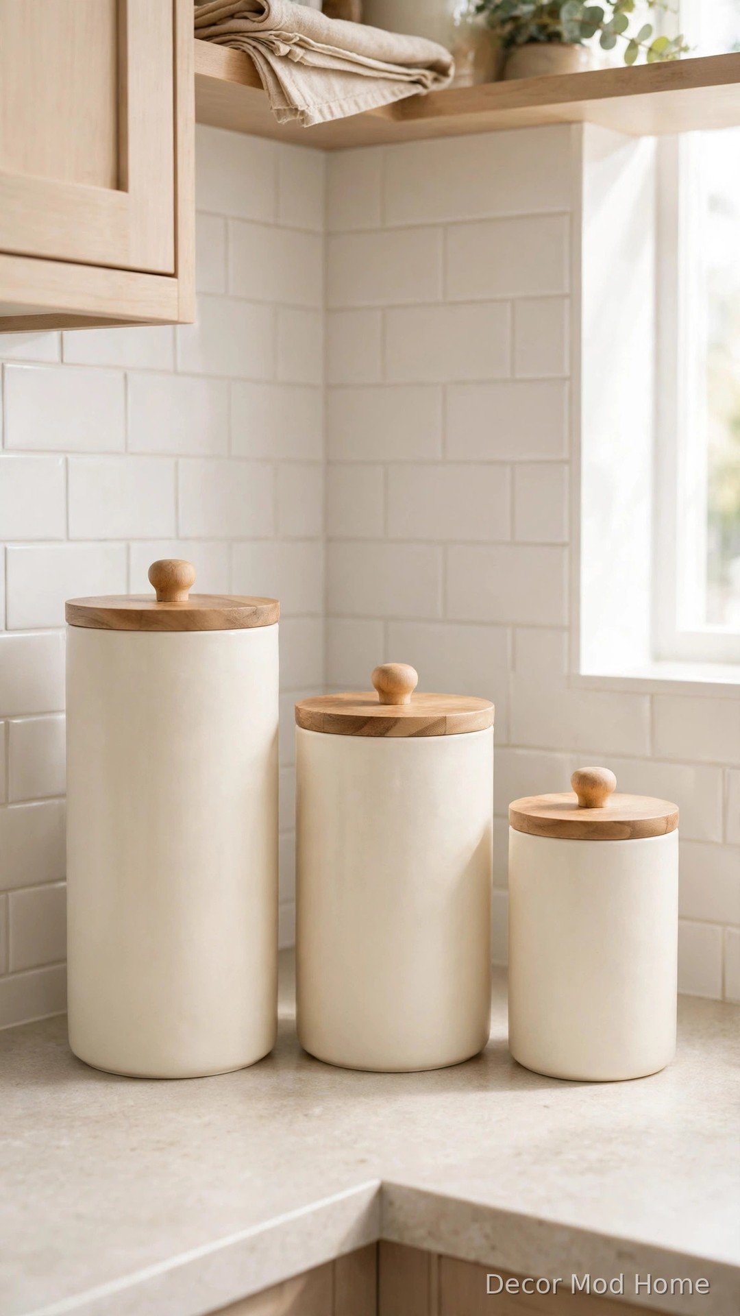 Matching cream ceramic canisters with wooden lids lined up tallest to shortest in a kitchen corner
