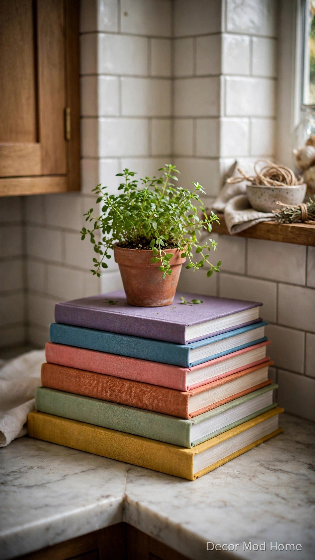 Stack of colourful cookbooks topped with a small potted herb plant on a kitchen countertop corner