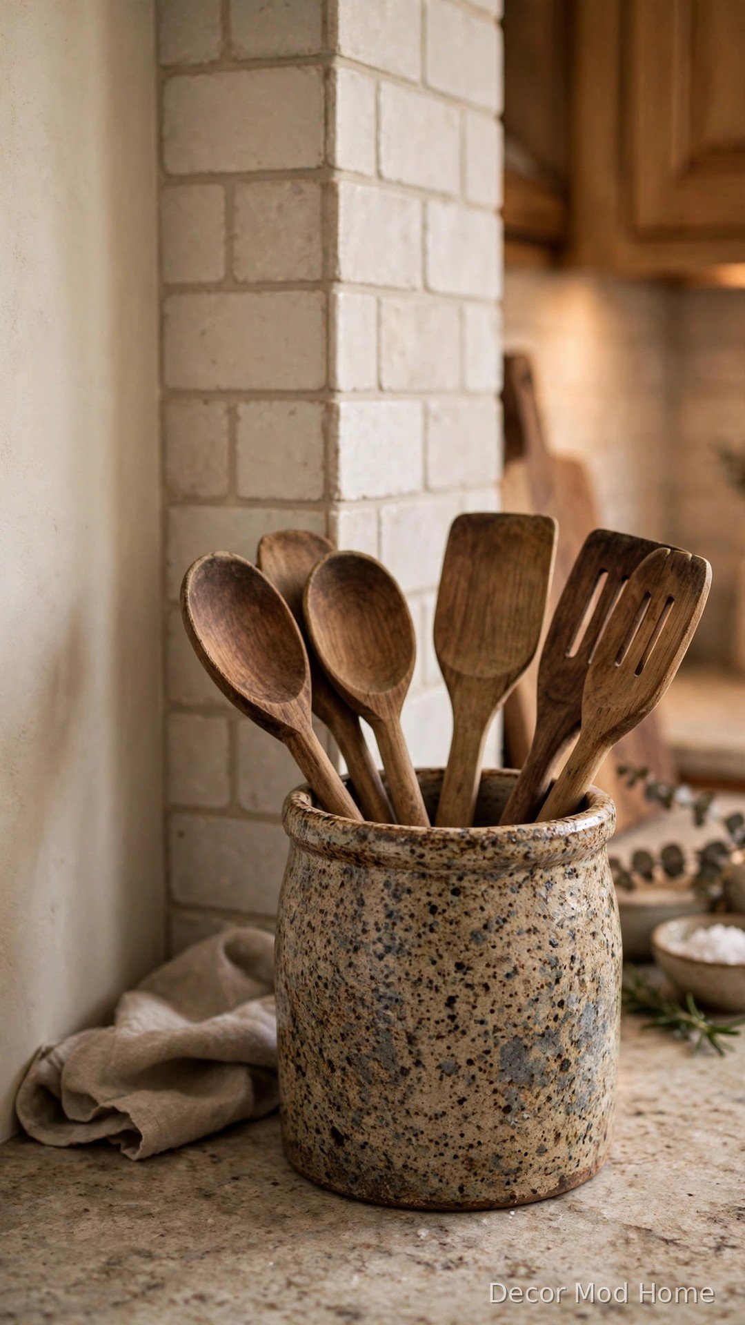 Speckled stoneware utensil crock holding wooden spoons and spatulas in a kitchen countertop corner