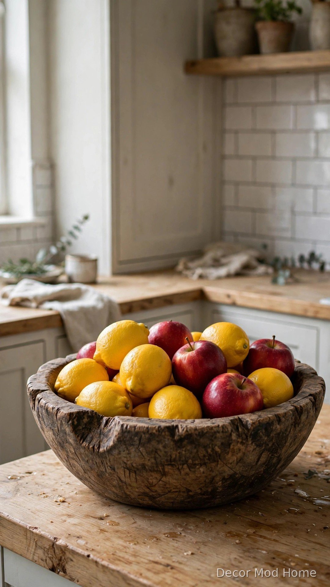 Rustic wooden dough bowl filled with fresh lemons and red apples on a kitchen countertop