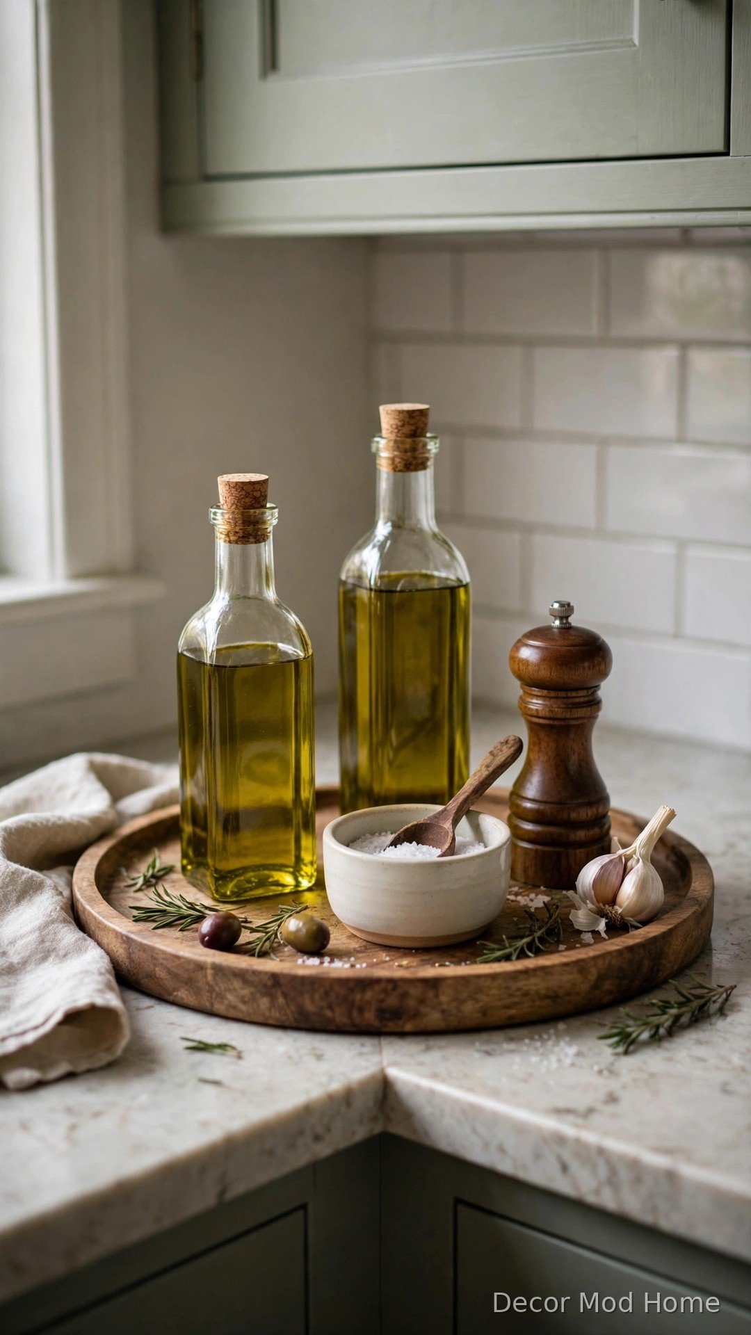Round wooden tray with olive oil bottles, a salt cellar and a pepper mill on a kitchen countertop corner