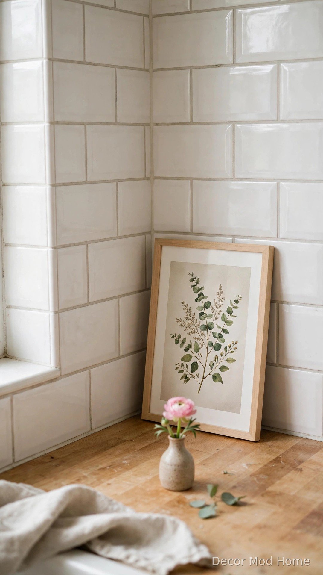 Small framed botanical art print leaning against a kitchen splashback with a bud vase in front