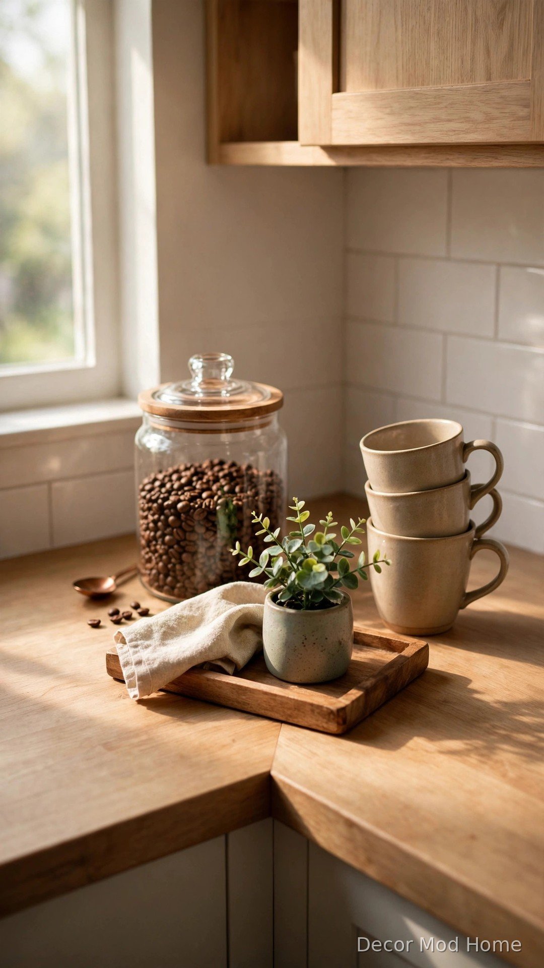 Cosy coffee station with stacked mugs, a glass canister of coffee beans and a small plant on a wooden tray