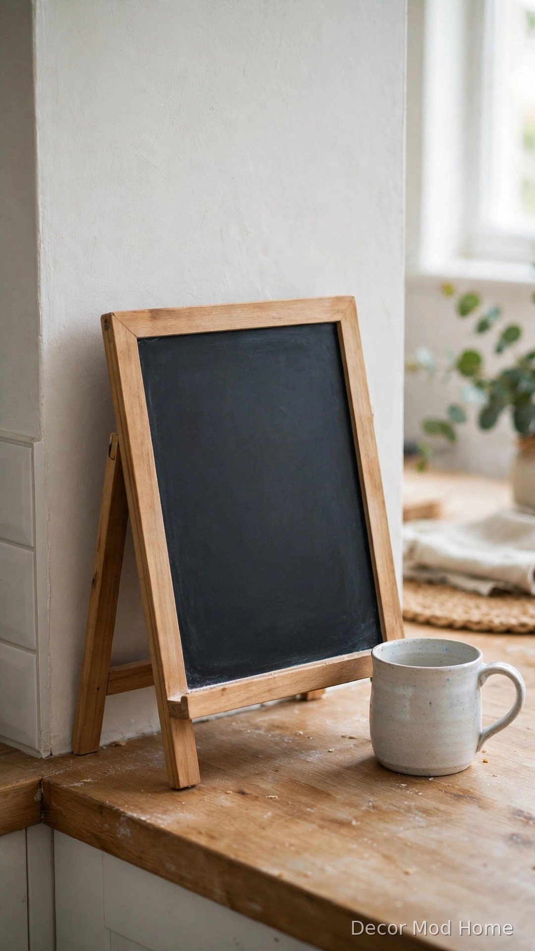 Small wooden easel chalkboard with a blank chalk surface and a ceramic mug on a kitchen countertop