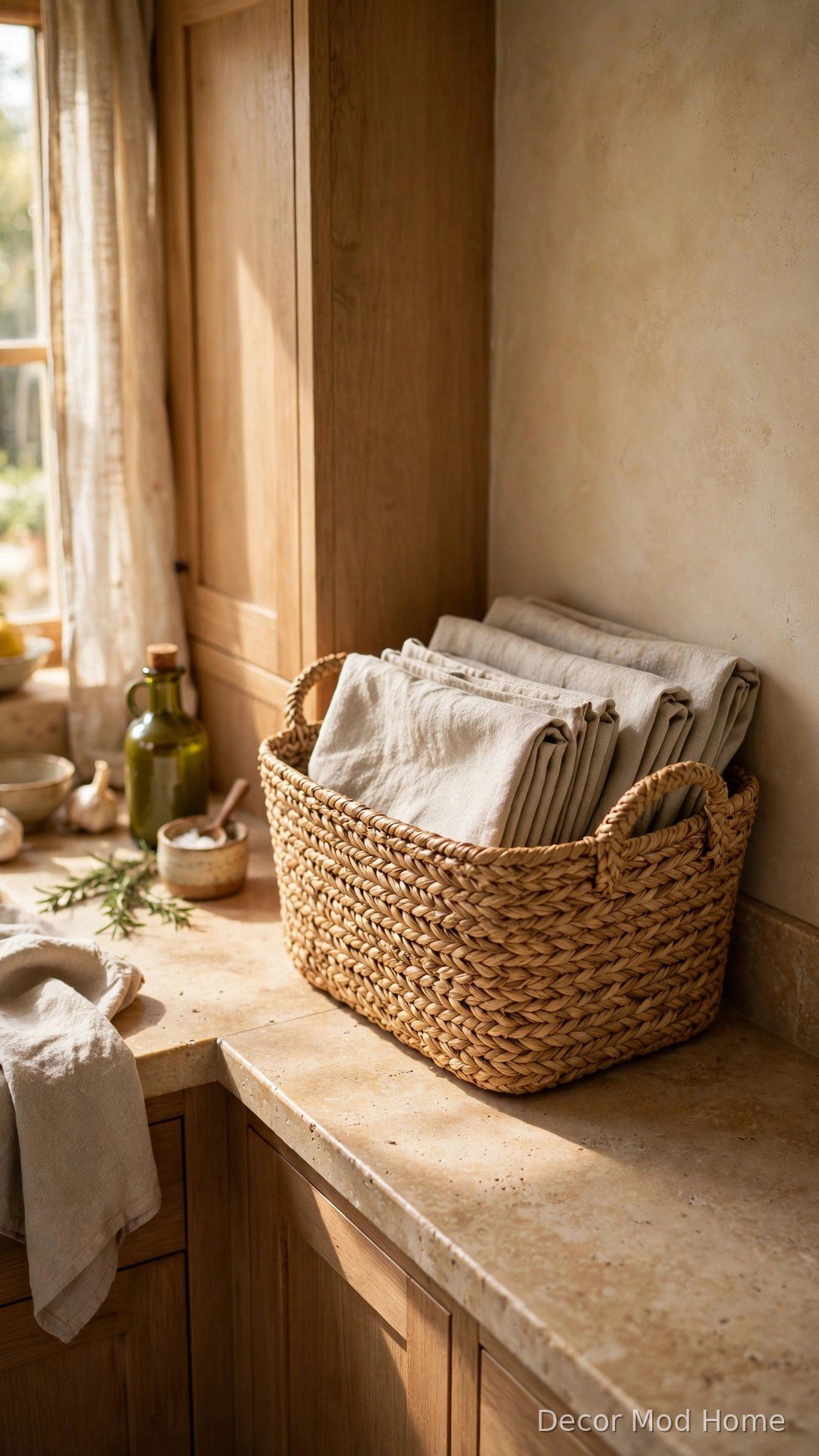 Woven seagrass basket holding folded linen napkins tucked into a kitchen countertop corner