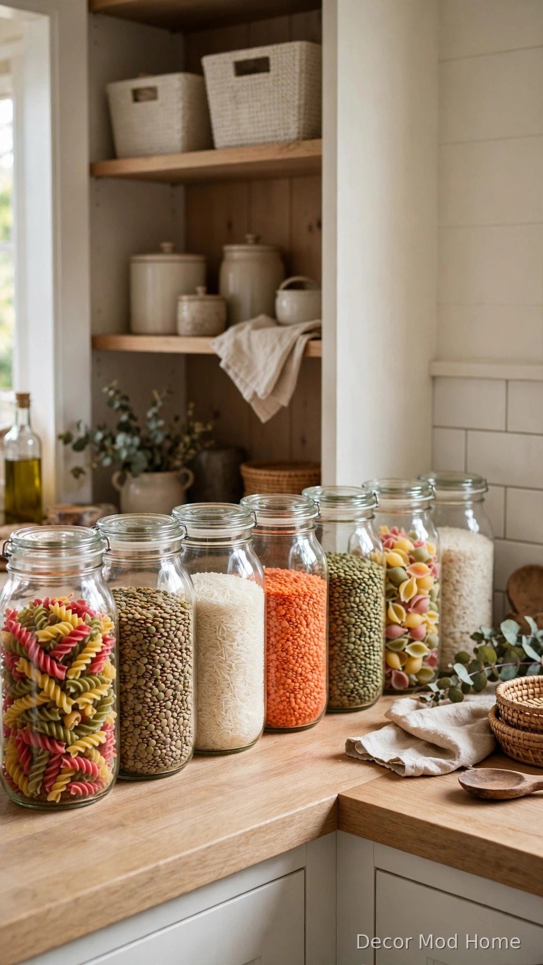 Row of glass jars filled with colourful pasta, rice and lentils lined up on a kitchen countertop corner
