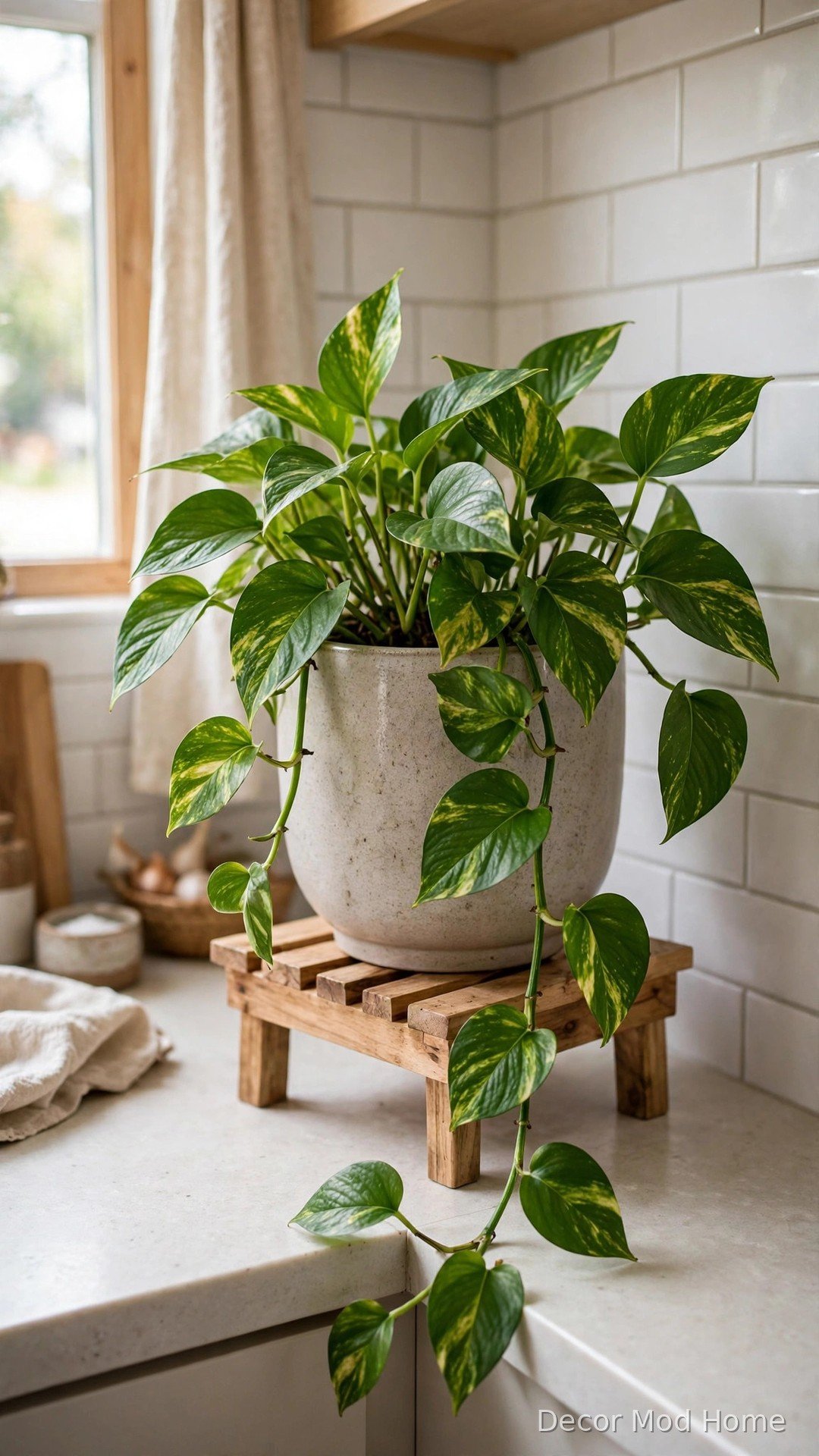 Trailing golden pothos plant in a ceramic pot raised on a small wooden riser in a kitchen corner