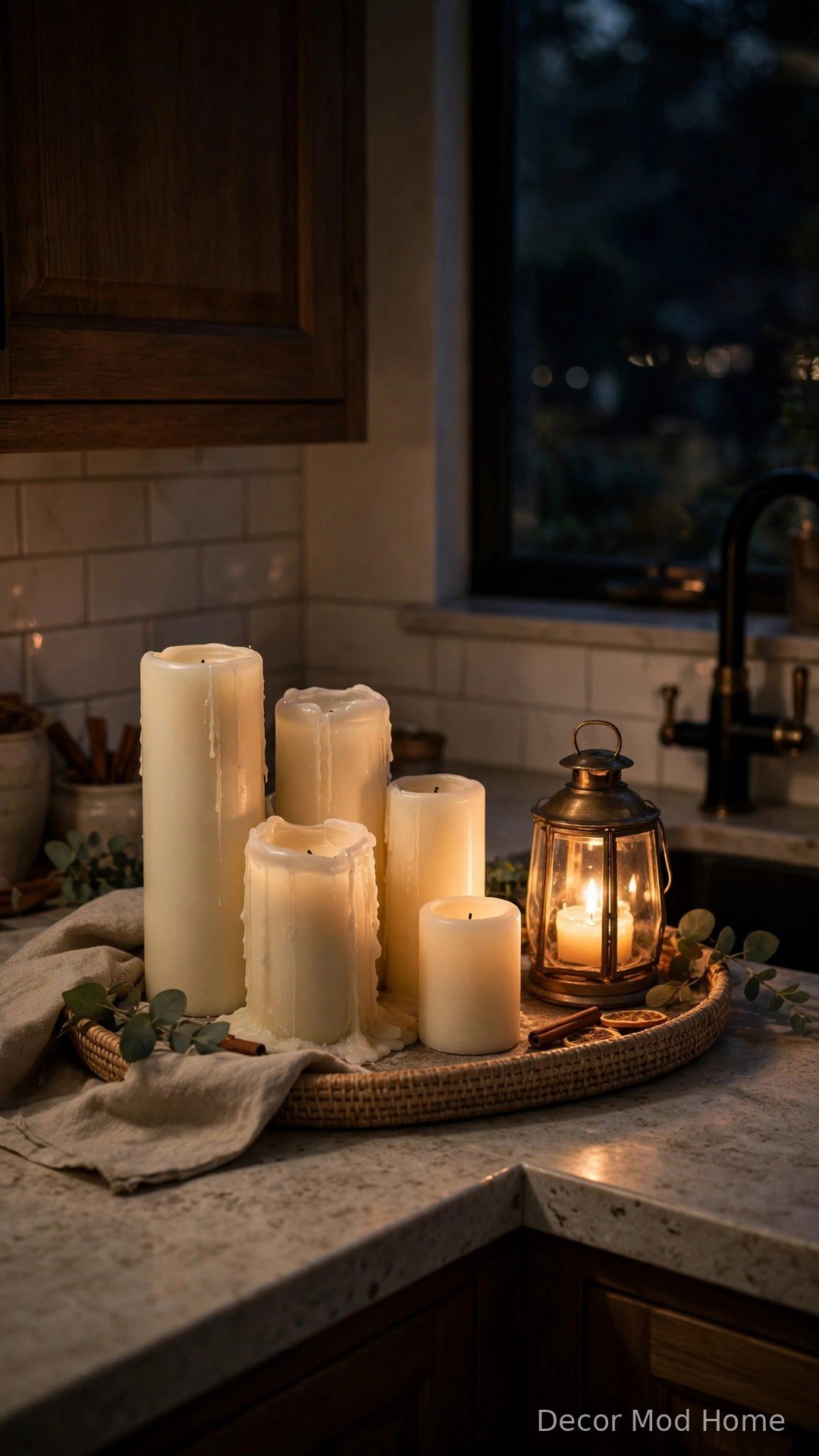 Cluster of ivory pillar candles and a lit glass lantern on a tray in a kitchen corner in the evening
