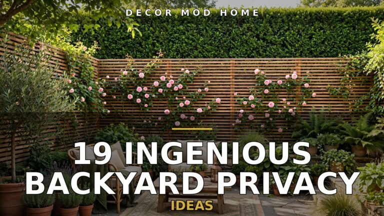 19 ingenious backyard privacy ideas featured image: layered garden privacy screening with tall hedge, slat fence and climbing roses around a seating terrace