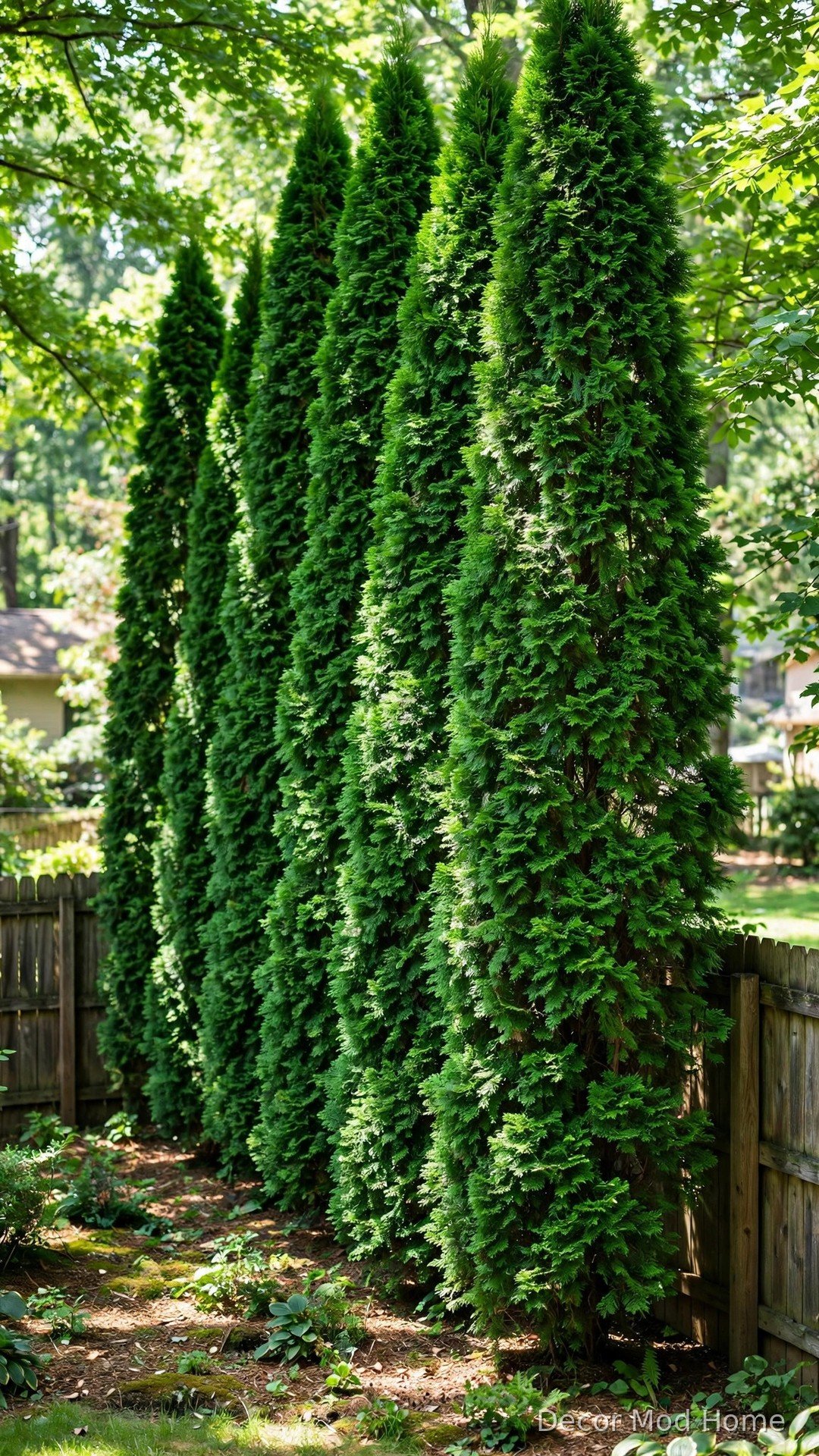 Staggered row of tall emerald-green arborvitae evergreens forming a dense privacy hedge along a backyard fence