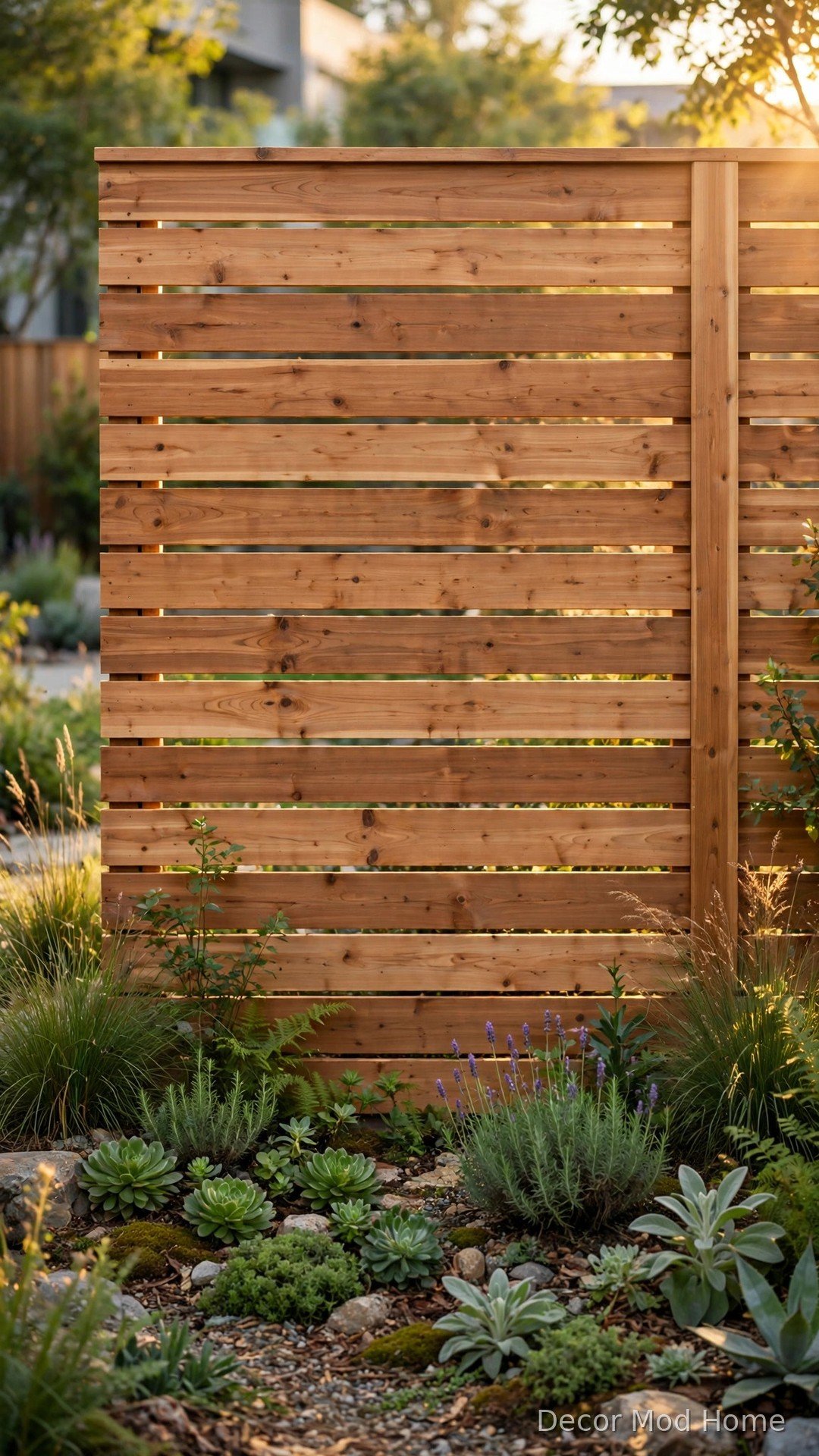 Tall horizontal-slat cedar privacy fence in a landscaped backyard at golden hour
