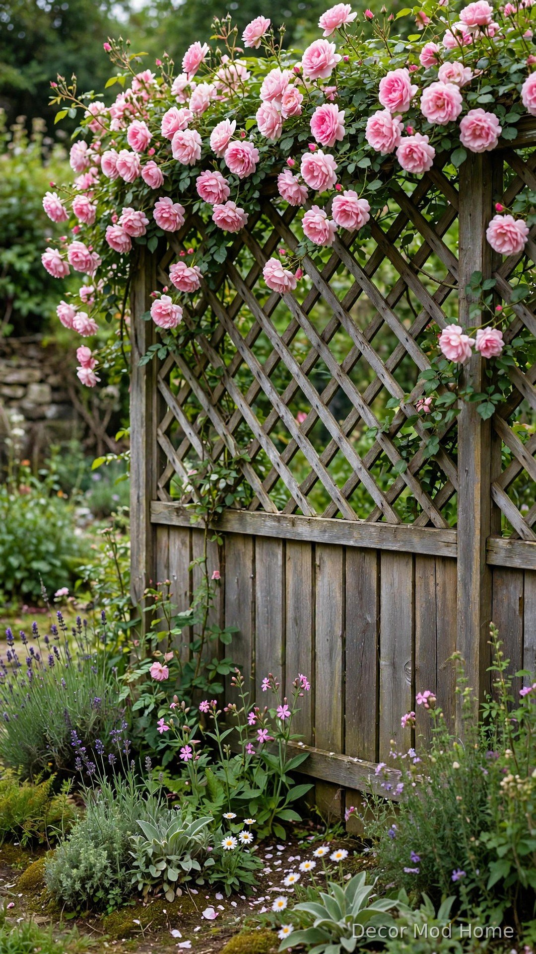 Wooden garden fence topped with a lattice trellis covered in blooming pink climbing roses