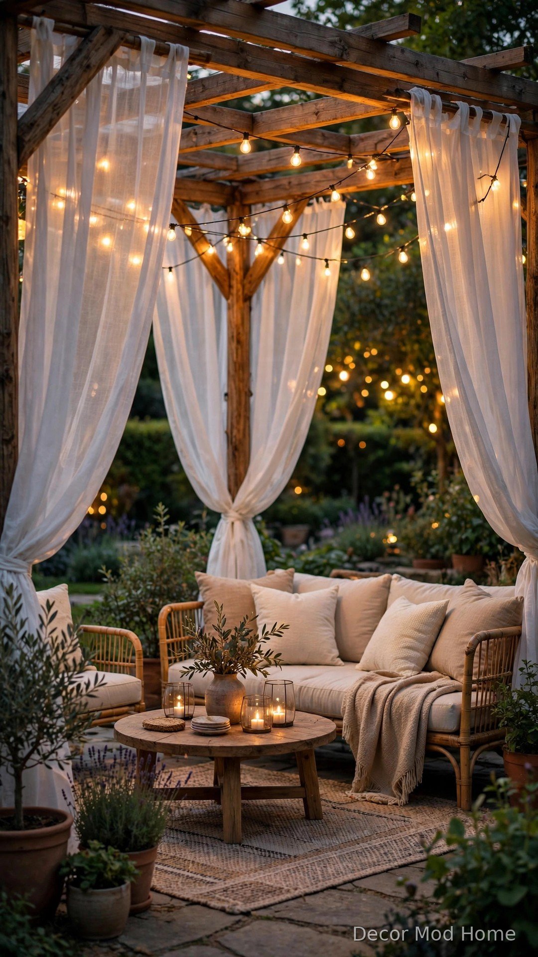 Wooden pergola with flowing white outdoor curtains around a cozy patio seating area with string lights