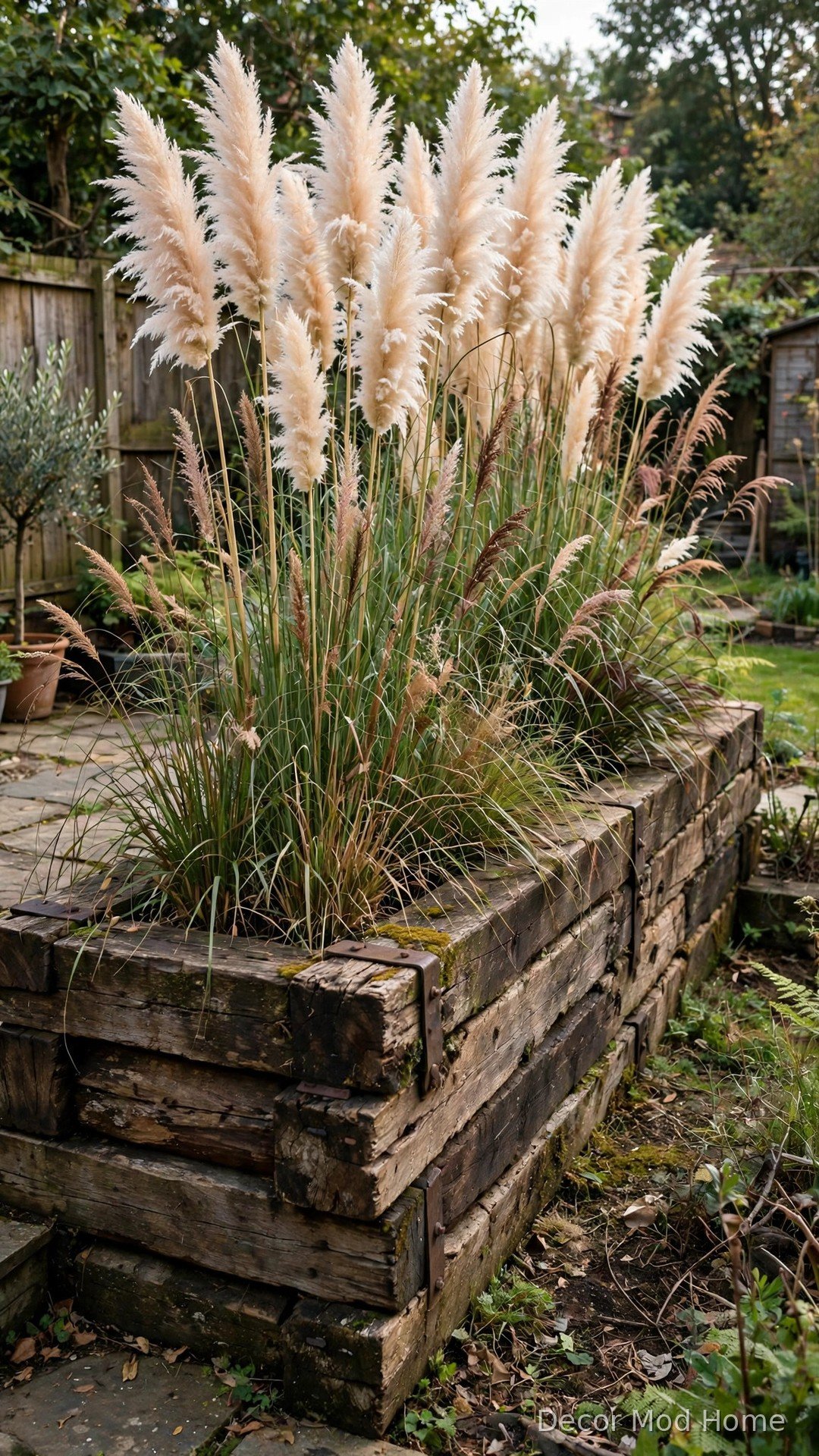 Raised wooden sleeper planter wall filled with tall ornamental pampas grasses as a privacy screen