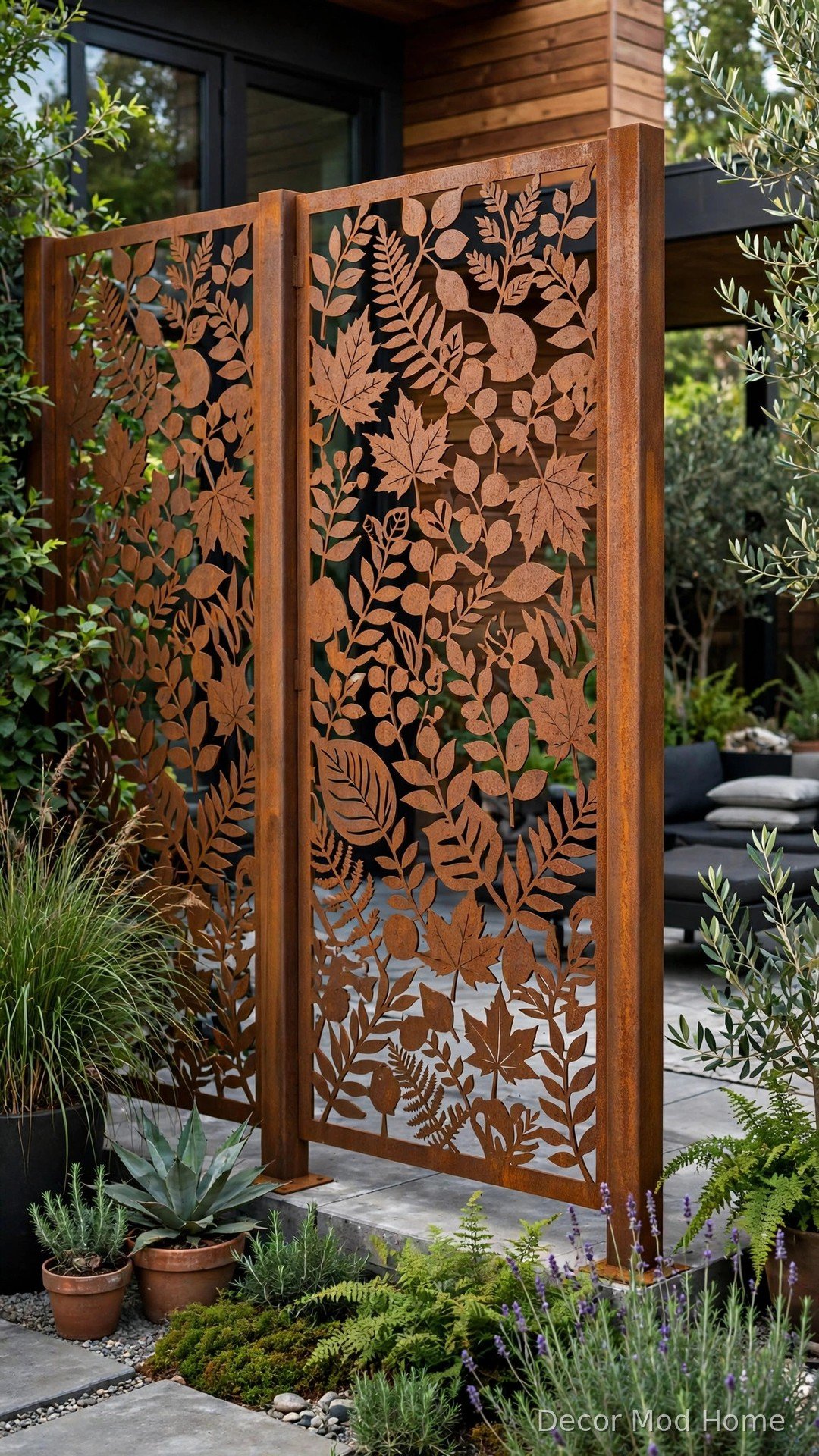 Decorative laser-cut corten steel privacy screens with leaf patterns on a modern patio