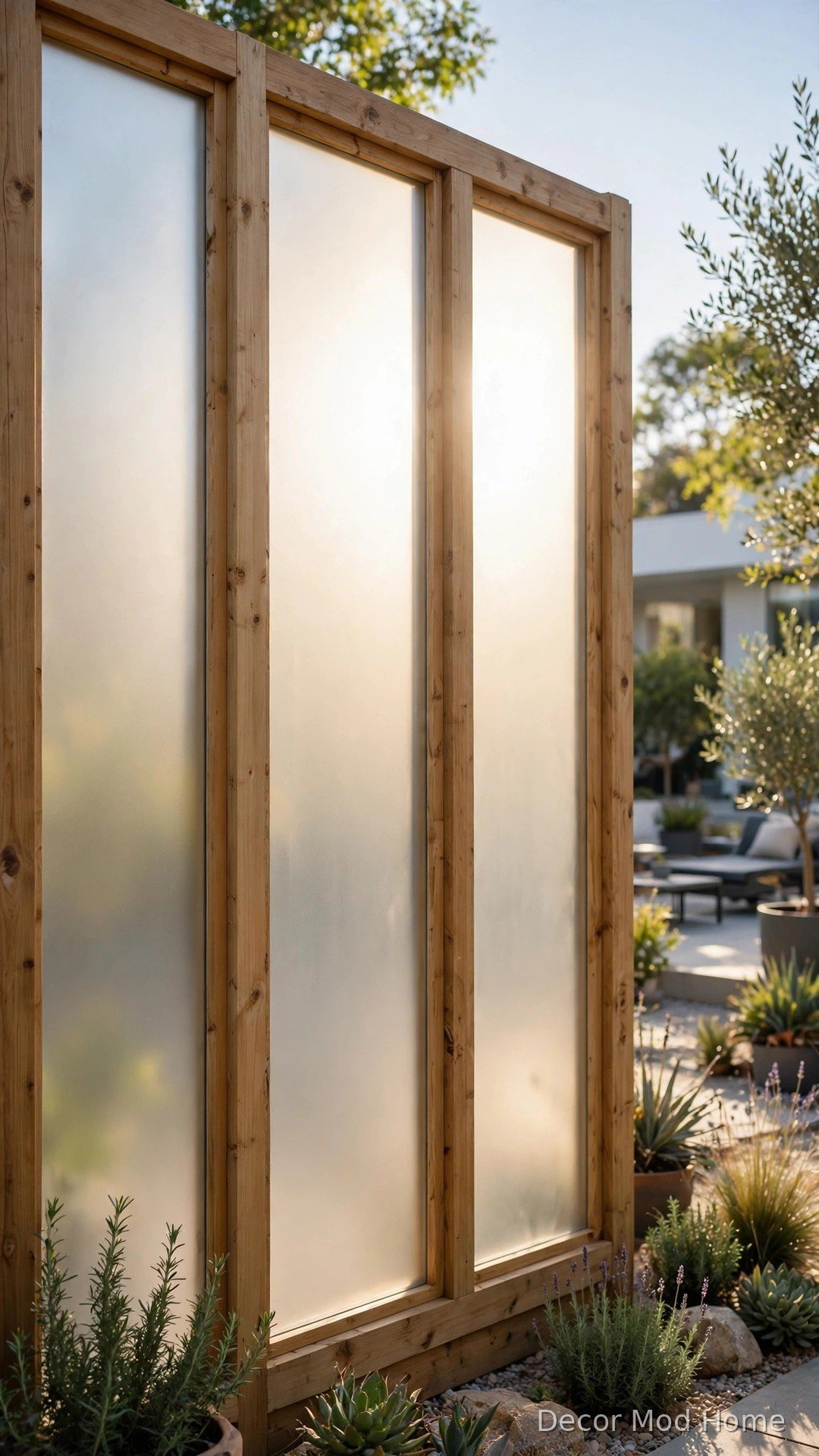 Modern garden fence with frosted acrylic panels in timber frames glowing with soft light