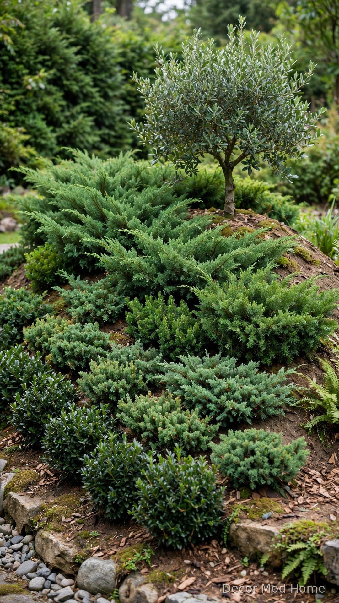 Landscaped garden berm mound planted with layered evergreen shrubs and a small ornamental tree