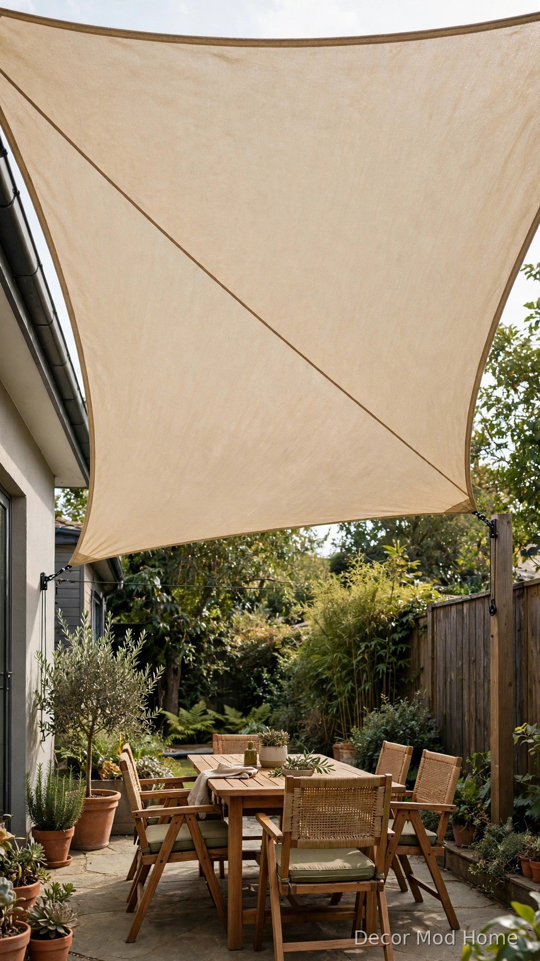 Triangular beige shade sail stretched over a backyard dining terrace for overhead privacy