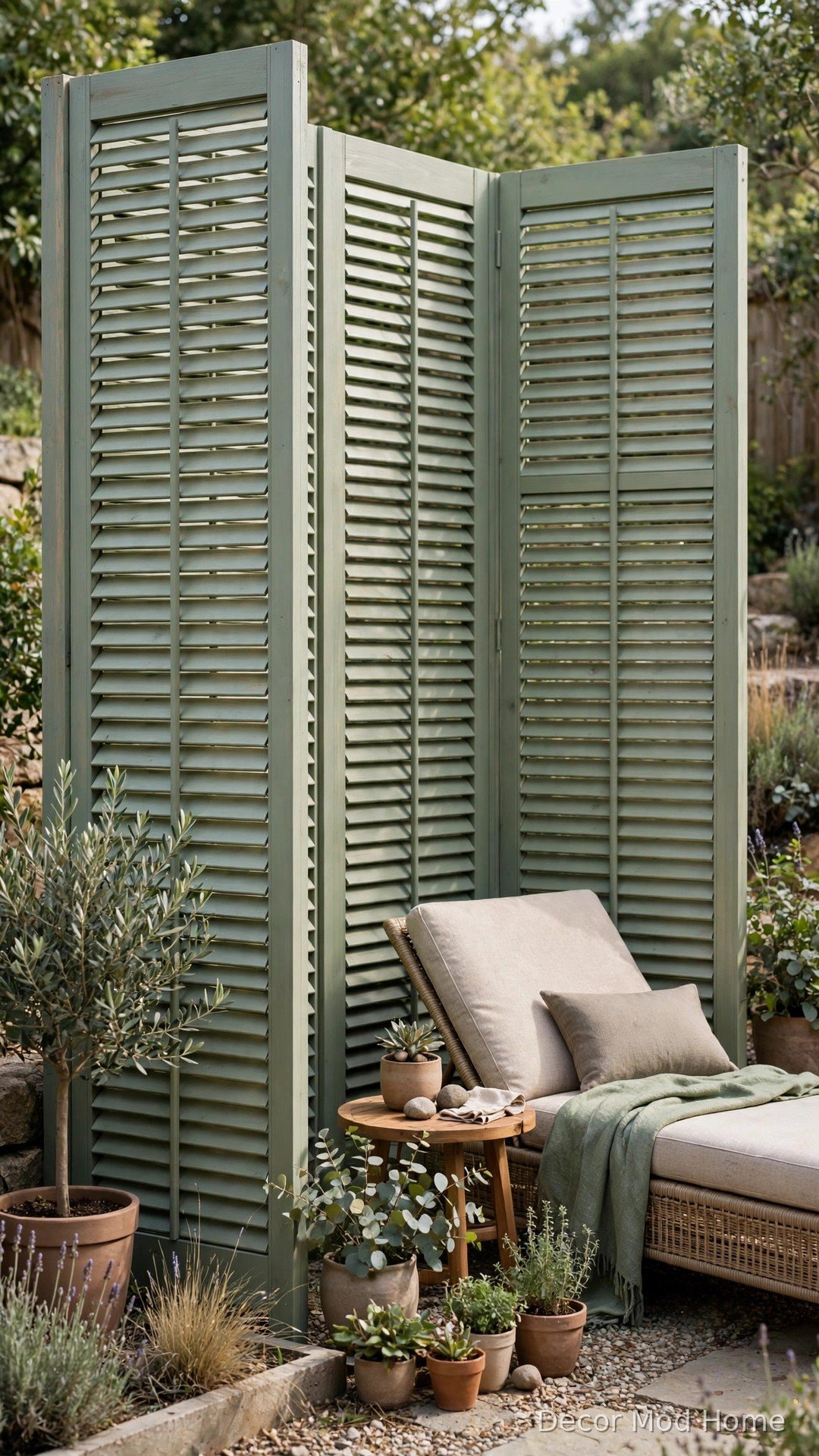 Freestanding sage-green angled louvered wooden privacy screen panels around a lounge chair area