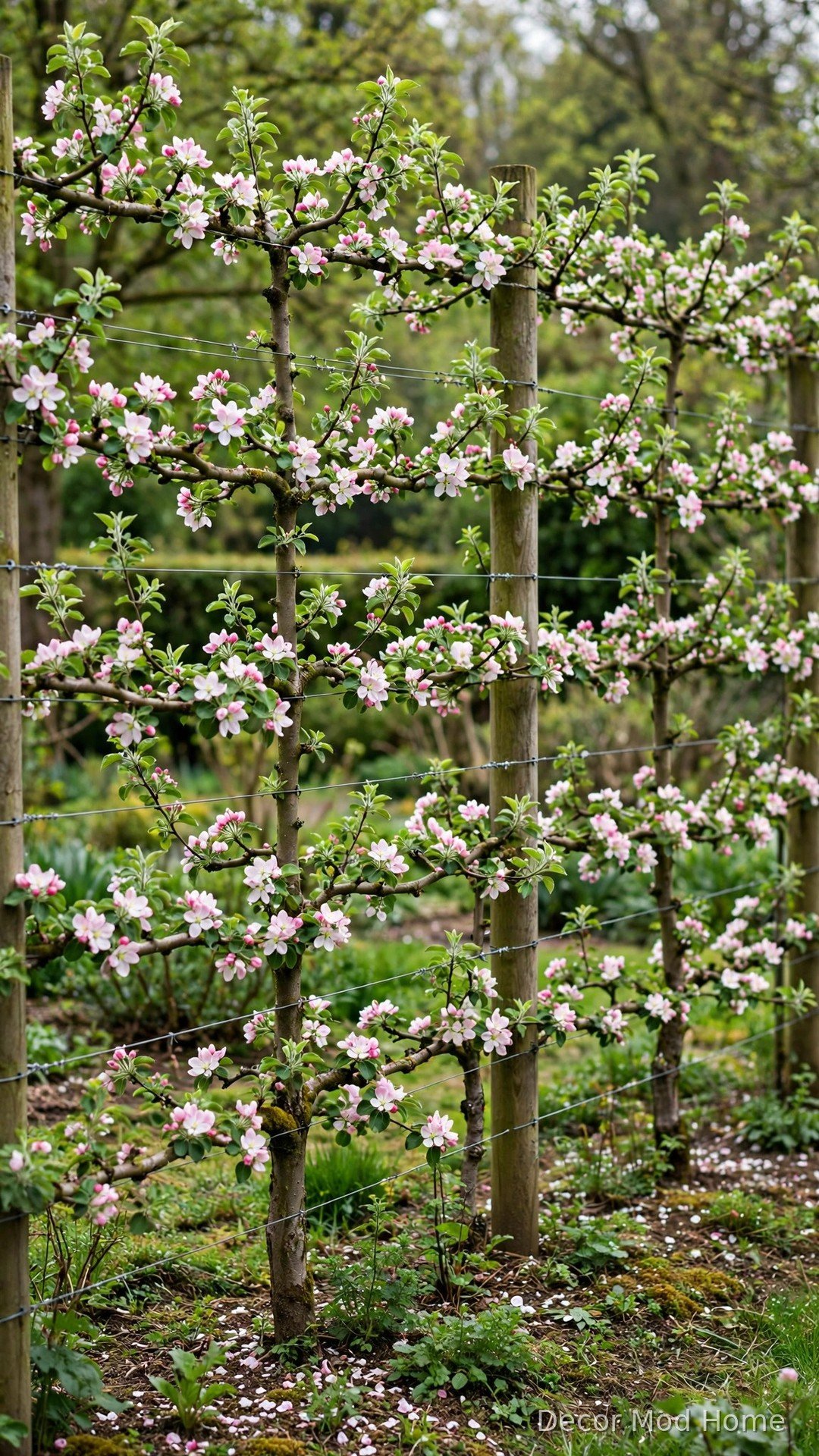 Espaliered apple trees trained in tiers along wires forming a living fruit-tree privacy fence with blossom