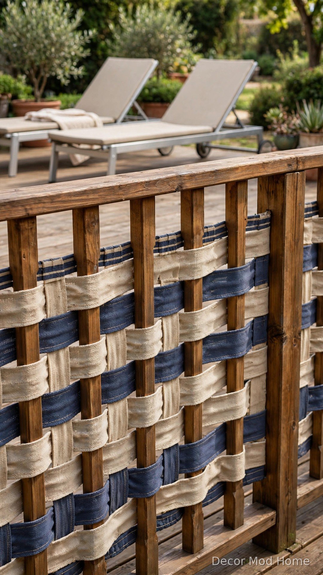 Deck railing with woven blue and cream canvas fabric strips forming a striped privacy windbreak