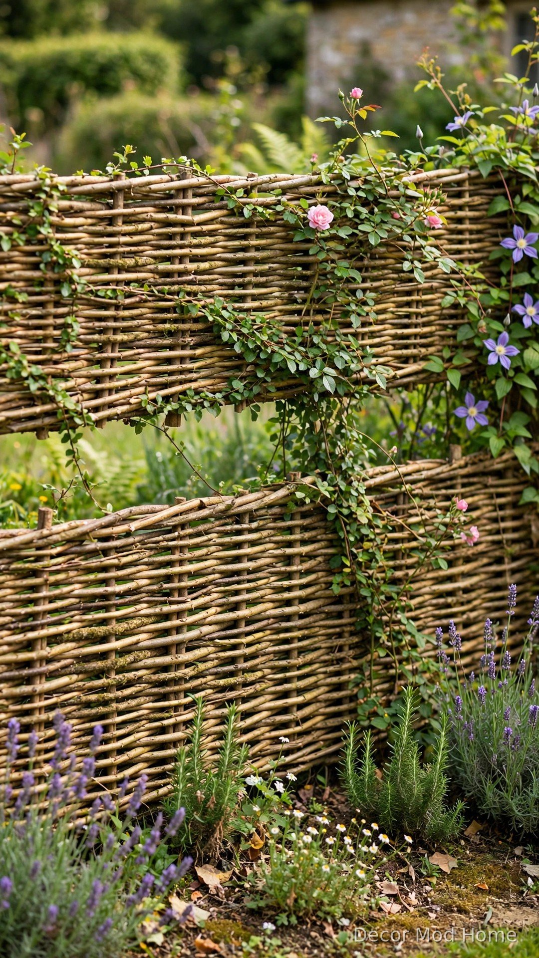 Rustic two-tier woven willow hurdle fence with climbing plants along a cottage garden boundary