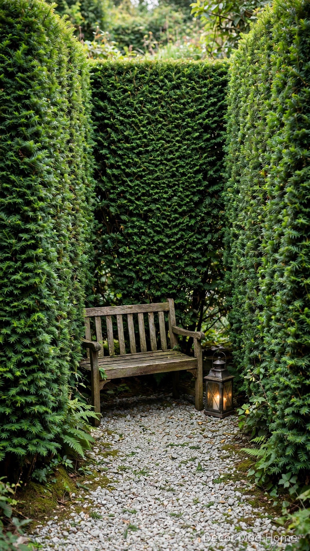 U-shaped tall yew hedge nook with a wooden bench and lantern, a private garden corner