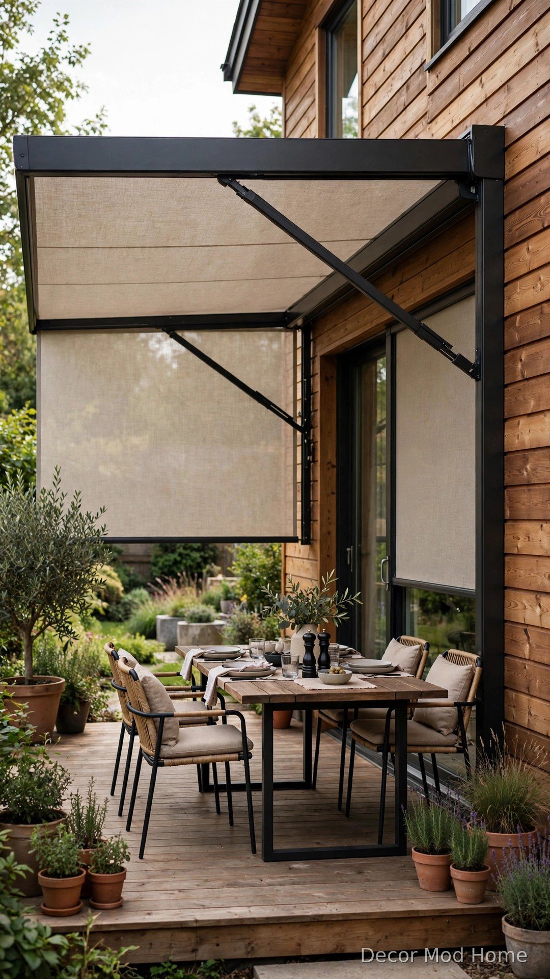 Modern retractable side awning screen pulled out on a deck creating a private terrace
