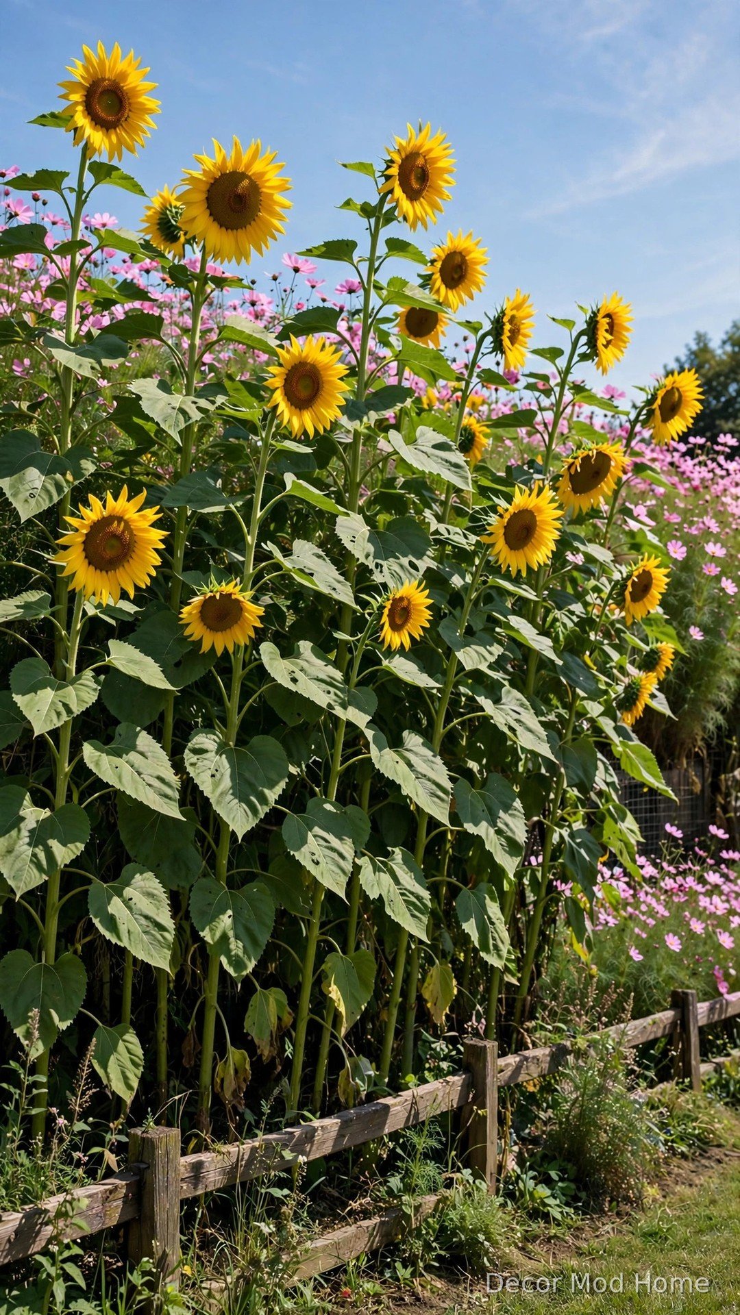 Tall summer privacy screen of giant sunflowers backed by pink cosmos along a garden boundary