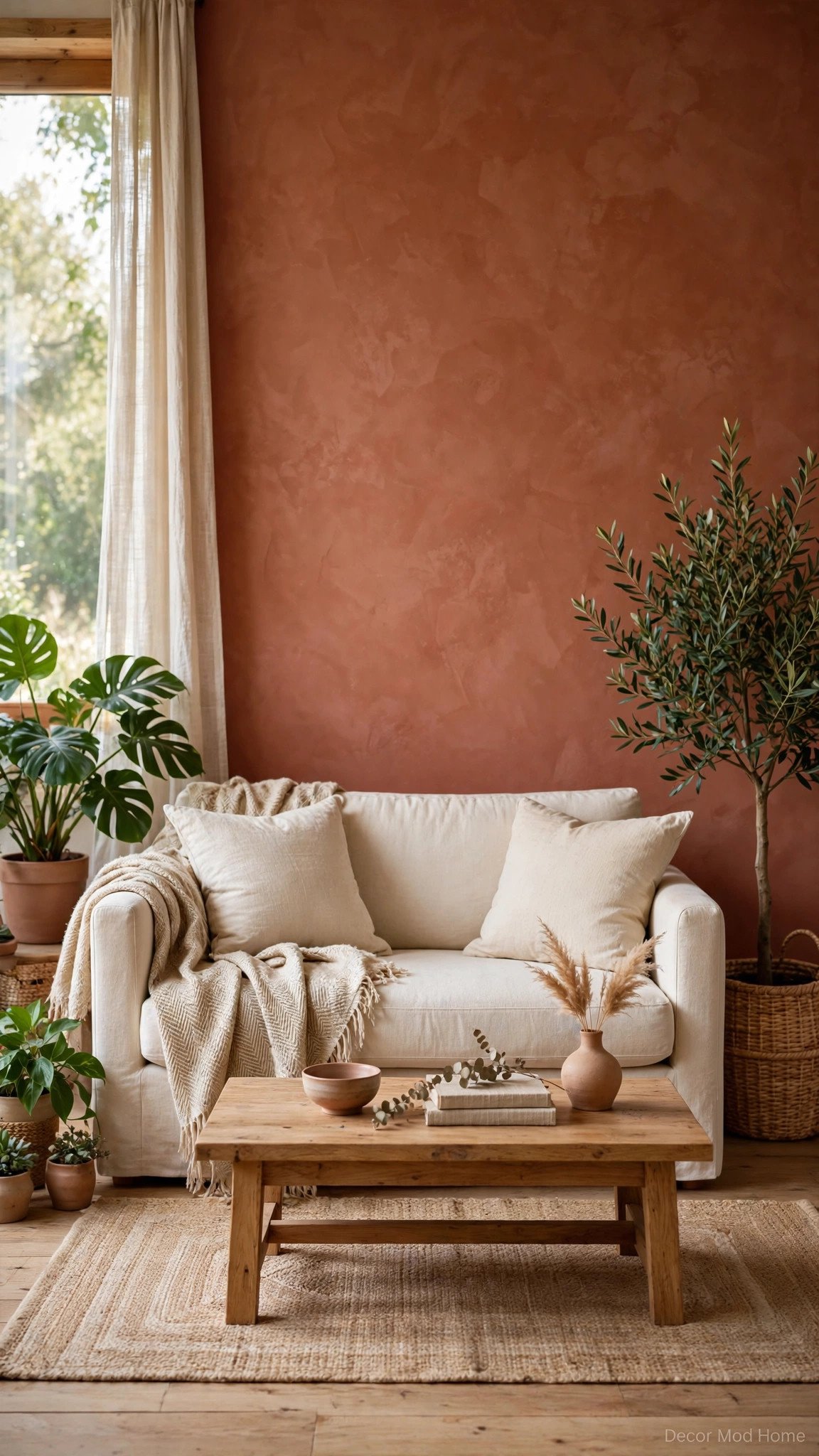 Warm terracotta accent wall styled behind a neutral sofa