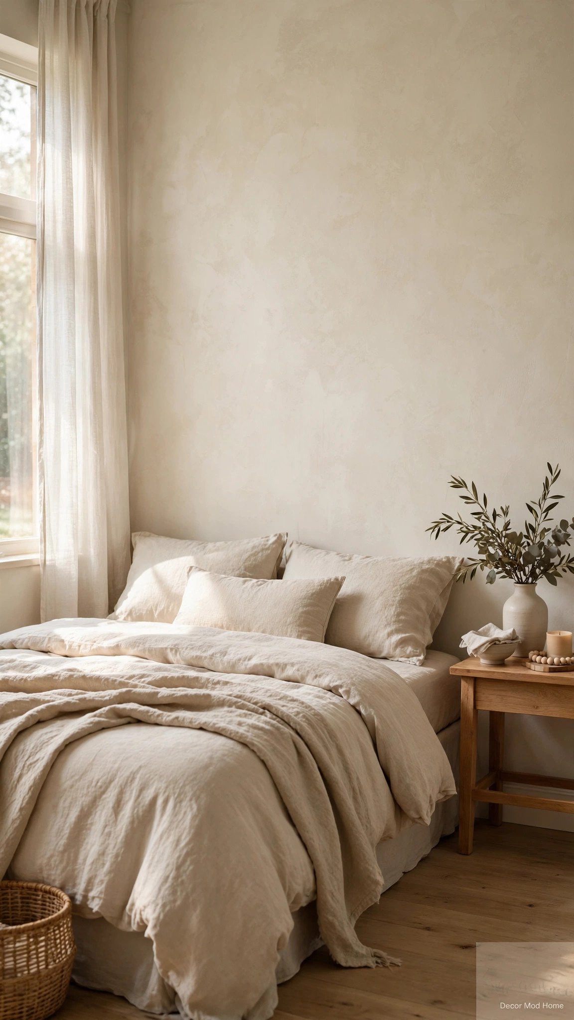 Soft limewash plaster wall in a warm off-white bedroom