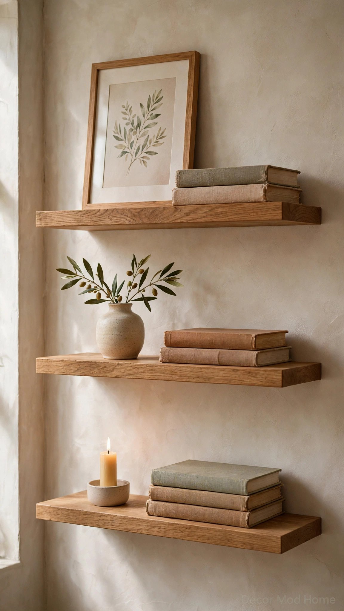 Styled floating shelves with books, vases and framed art