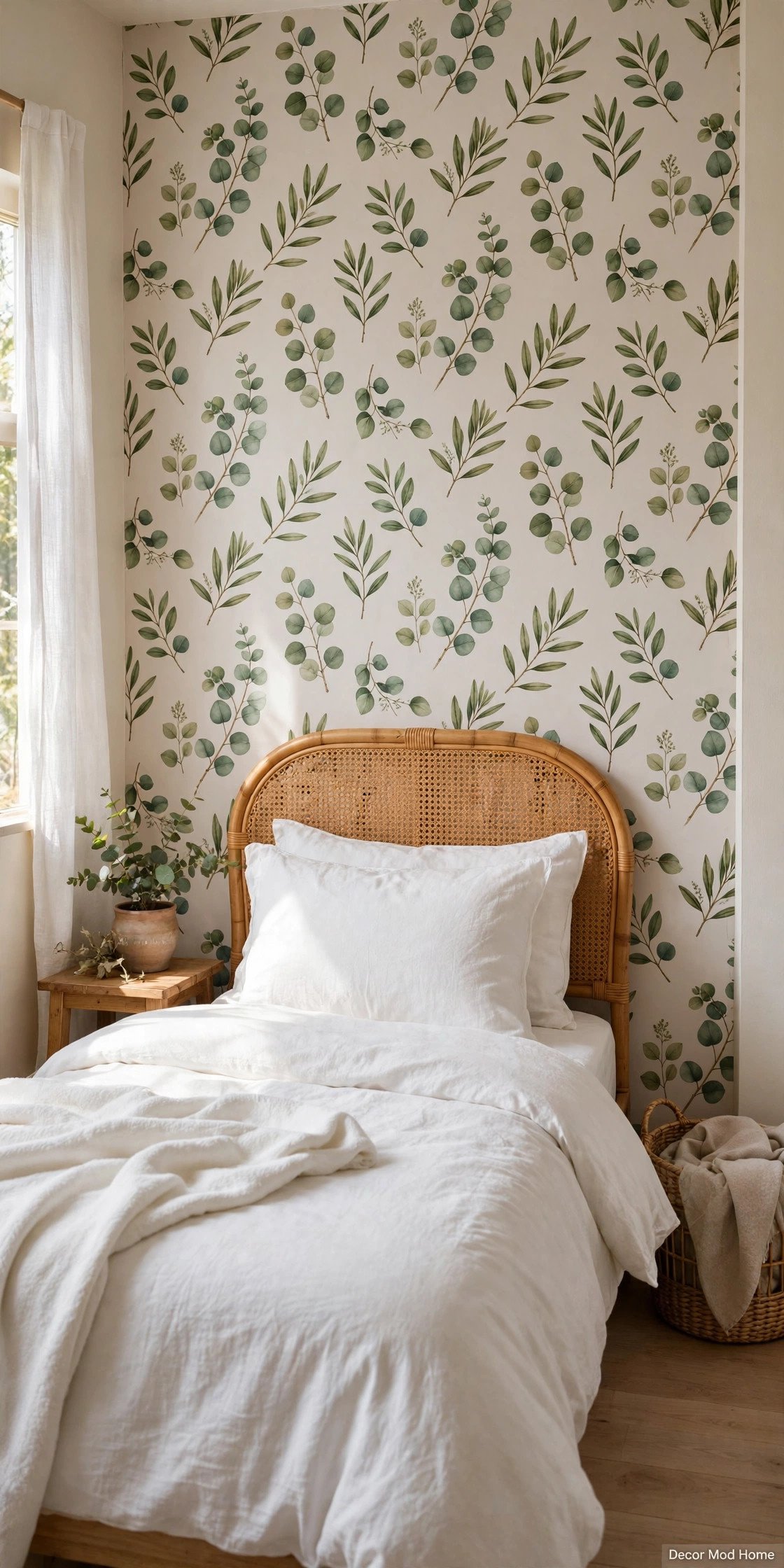 Botanical peel-and-stick wallpaper feature wall behind a bed