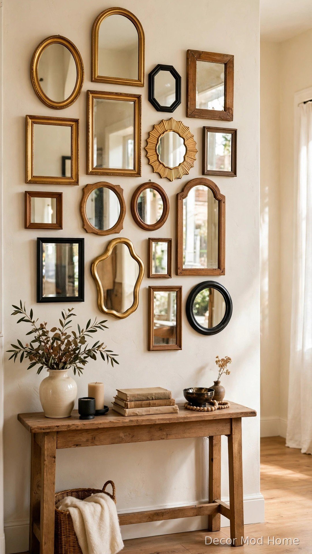Gallery wall of thrifted mirrors in mixed gold and black frames