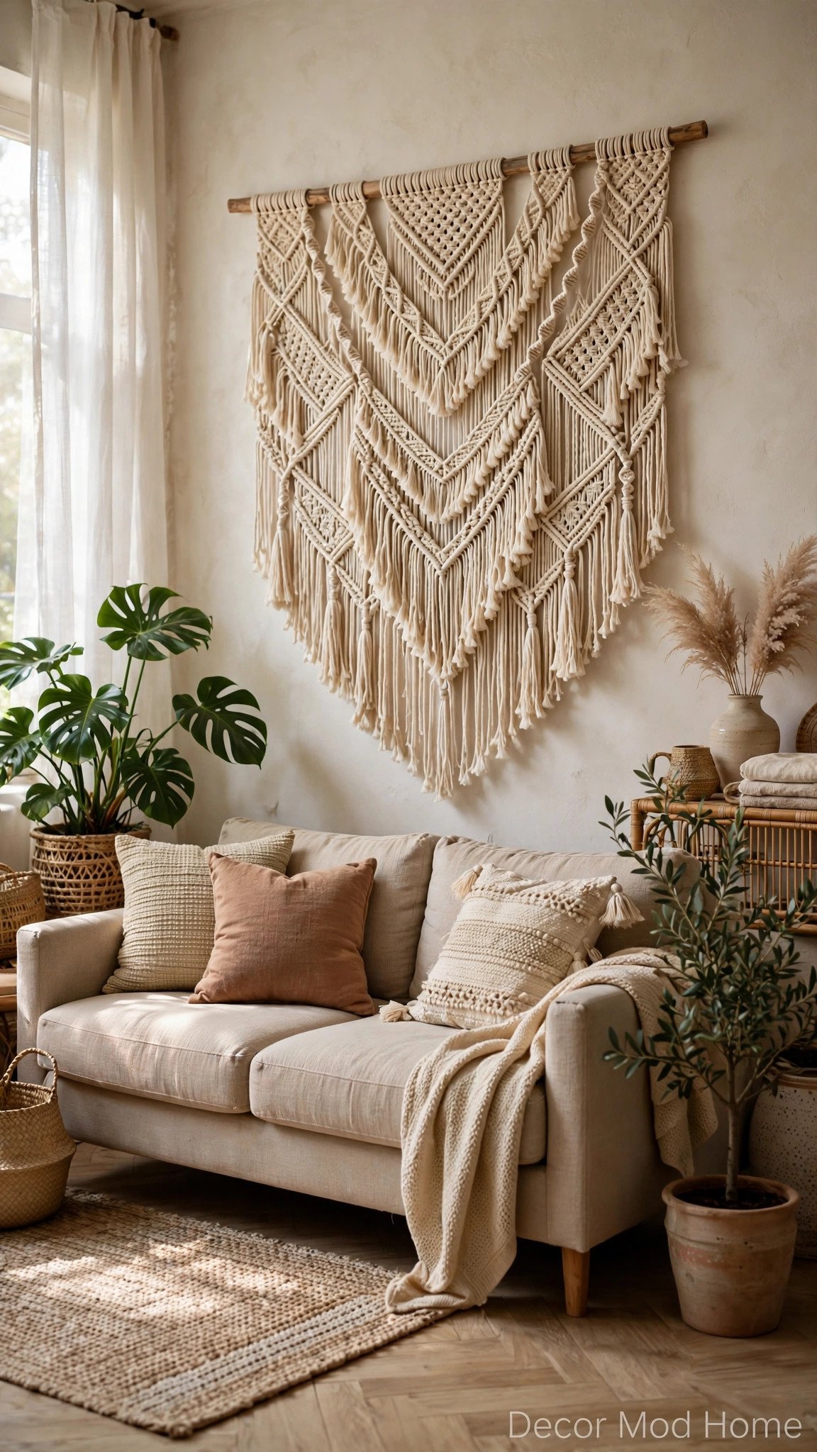 Handmade macrame wall hanging above a sofa