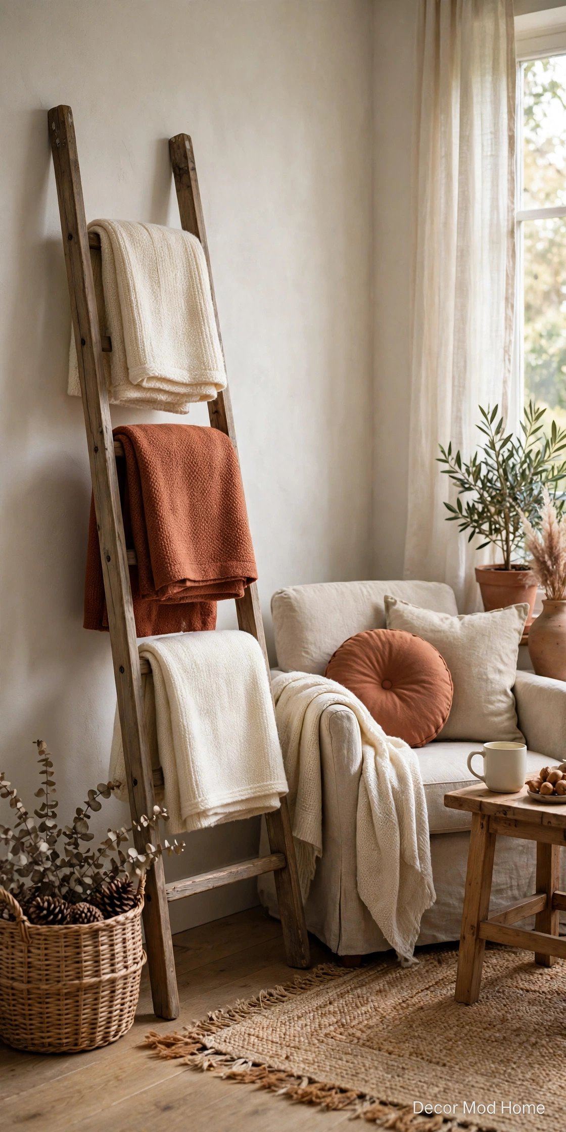 Wooden ladder styled as a blanket shelf with folded throws