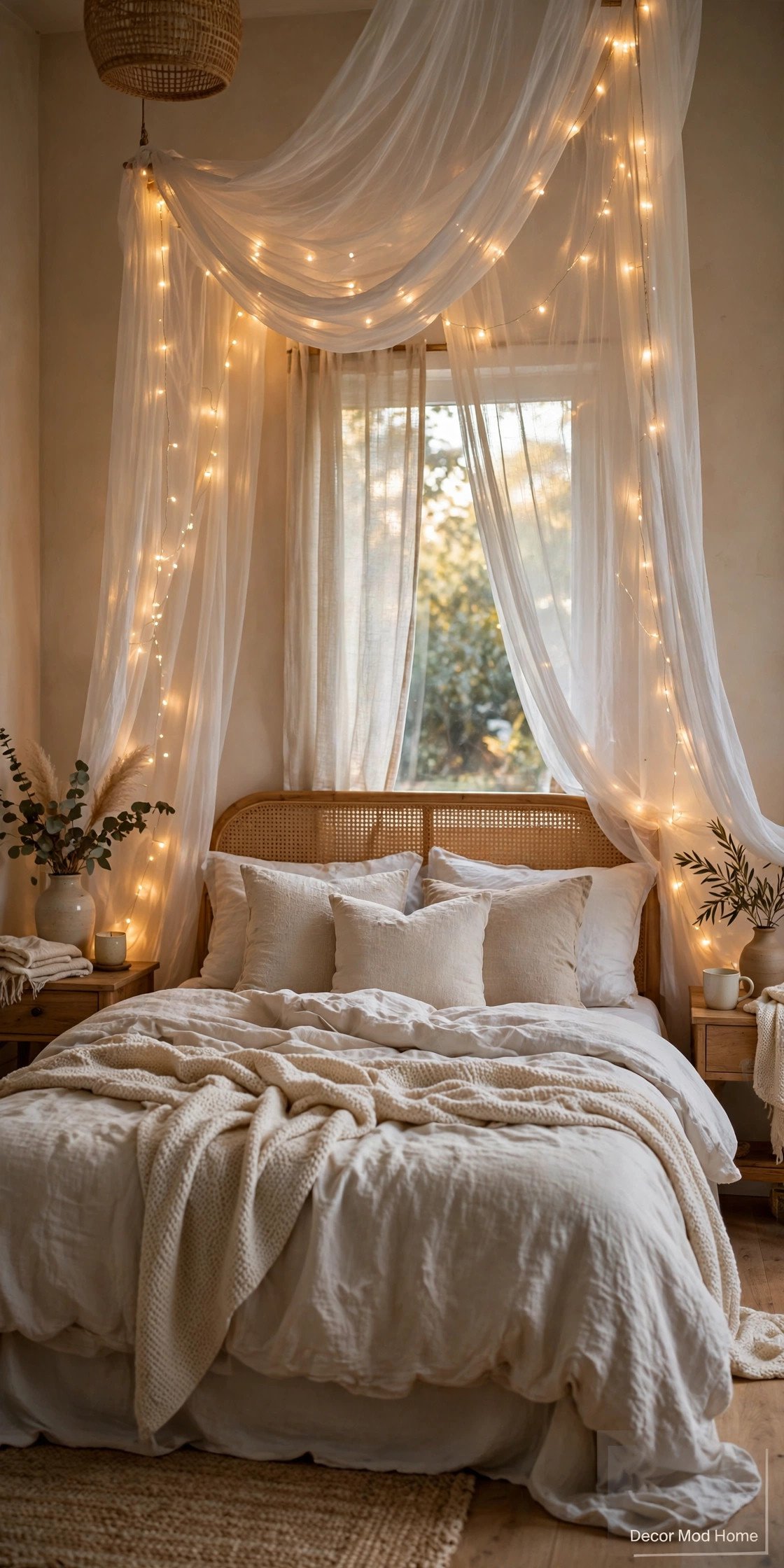 Fairy light canopy draped over a bed
