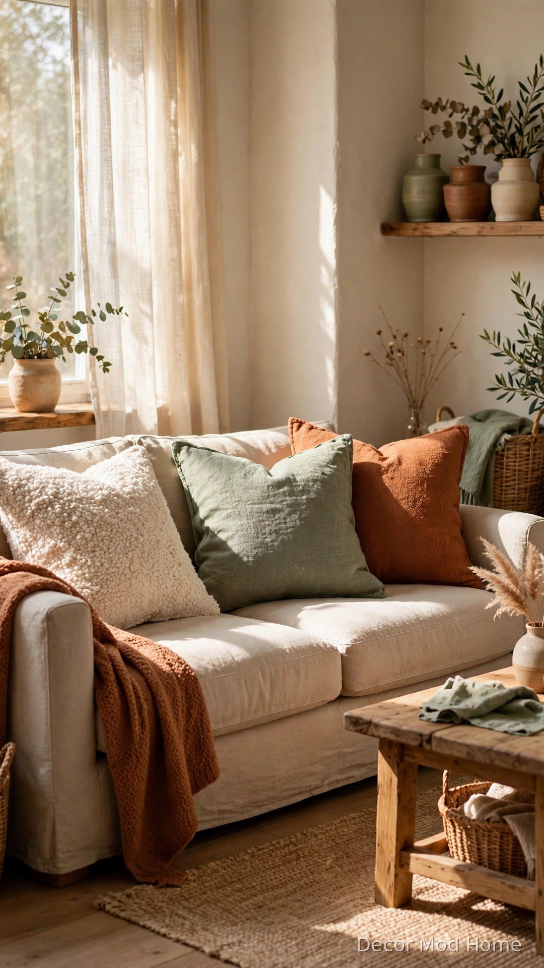 Sofa styled with handmade no-sew linen cushion covers