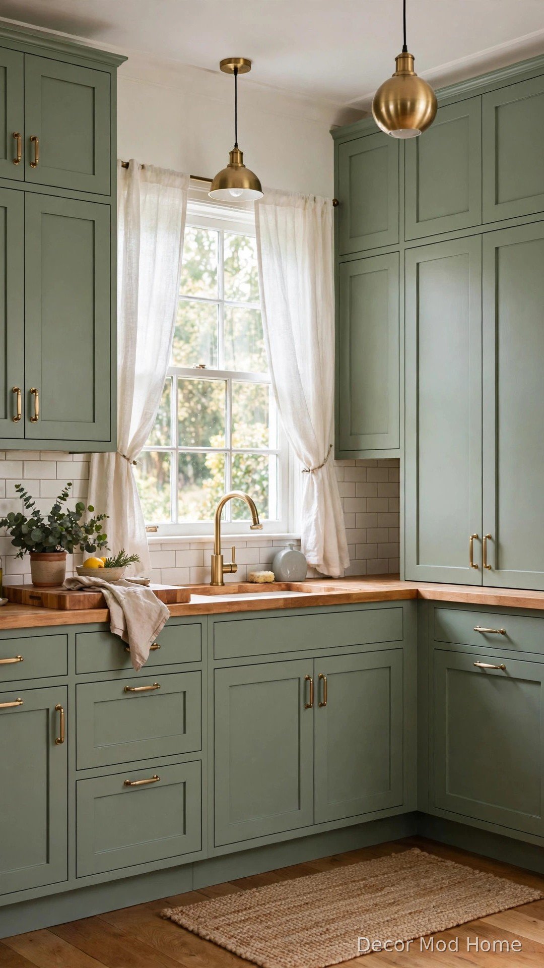 Sage green painted kitchen cabinets with brass handles