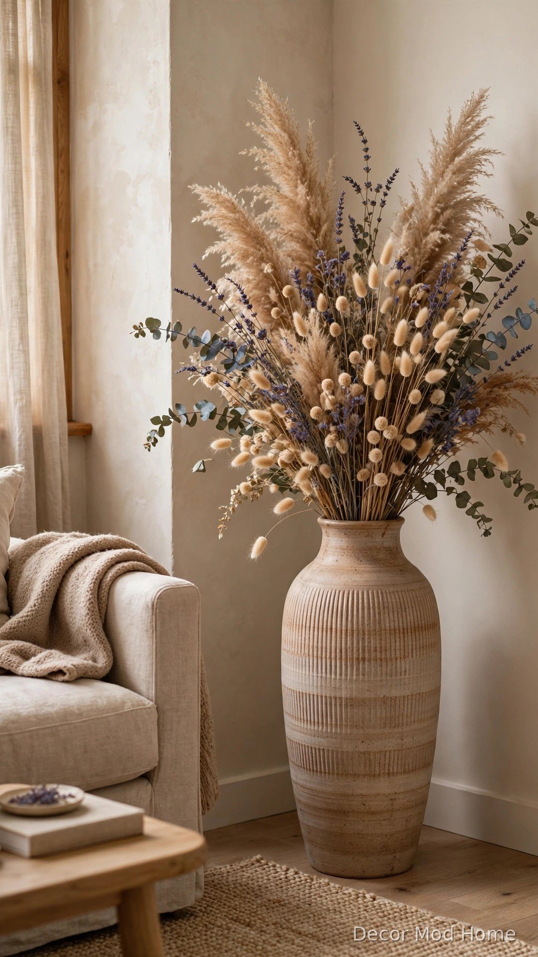 Dried flowers and pampas grass in a tall floor vase