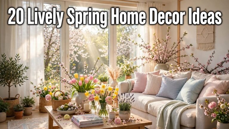 Featured image with the text "20 Lively Spring Home Decor Ideas" over a bright flower-filled spring living room.