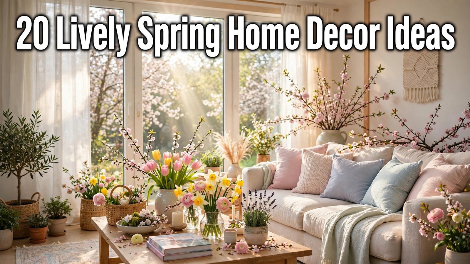 Featured image with the text "20 Lively Spring Home Decor Ideas" over a bright flower-filled spring living room.